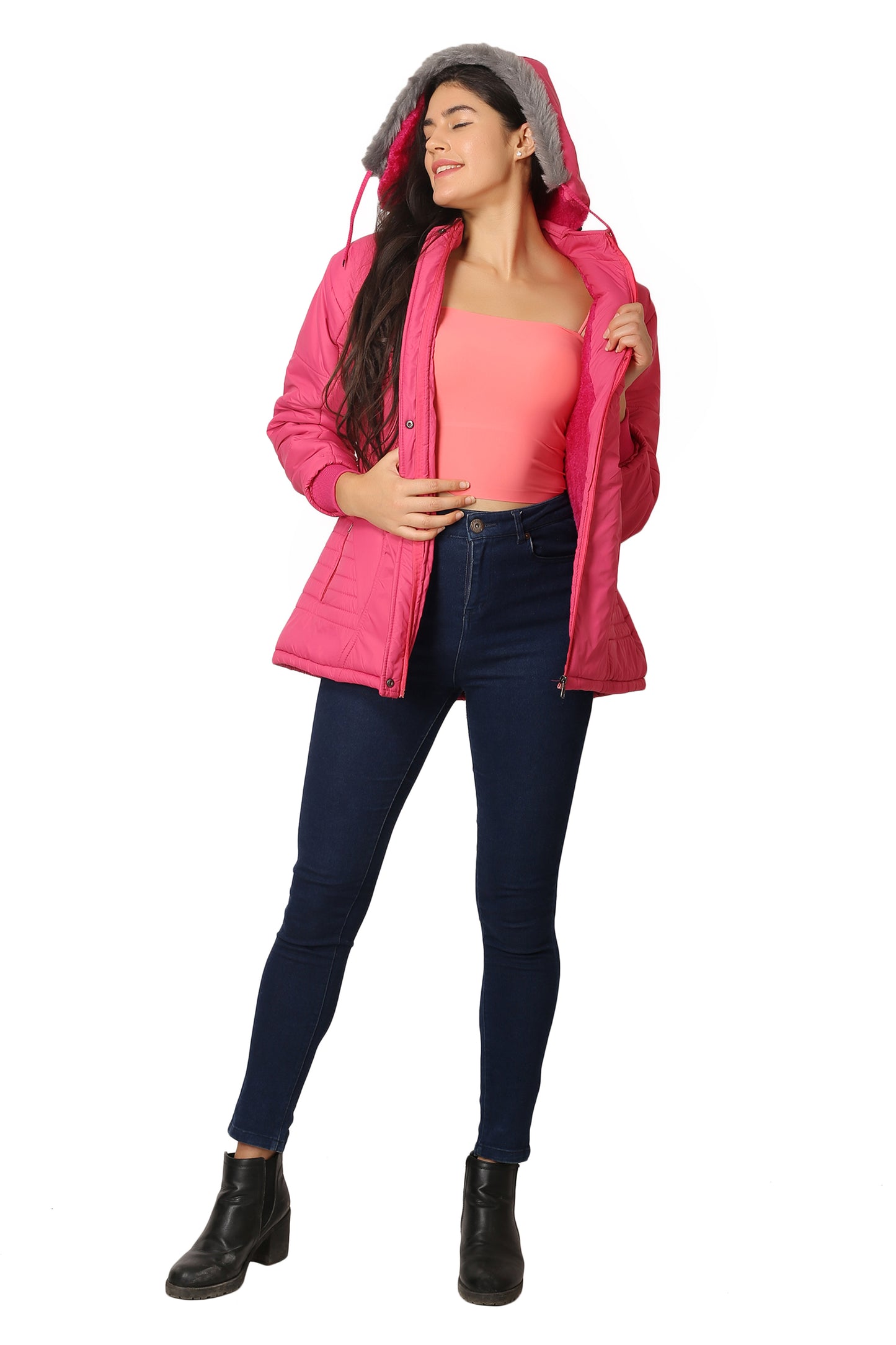 NUEVOSDAMAS Women Solid Pink Full Sleeve Puffer Jacket With Detachable Hood