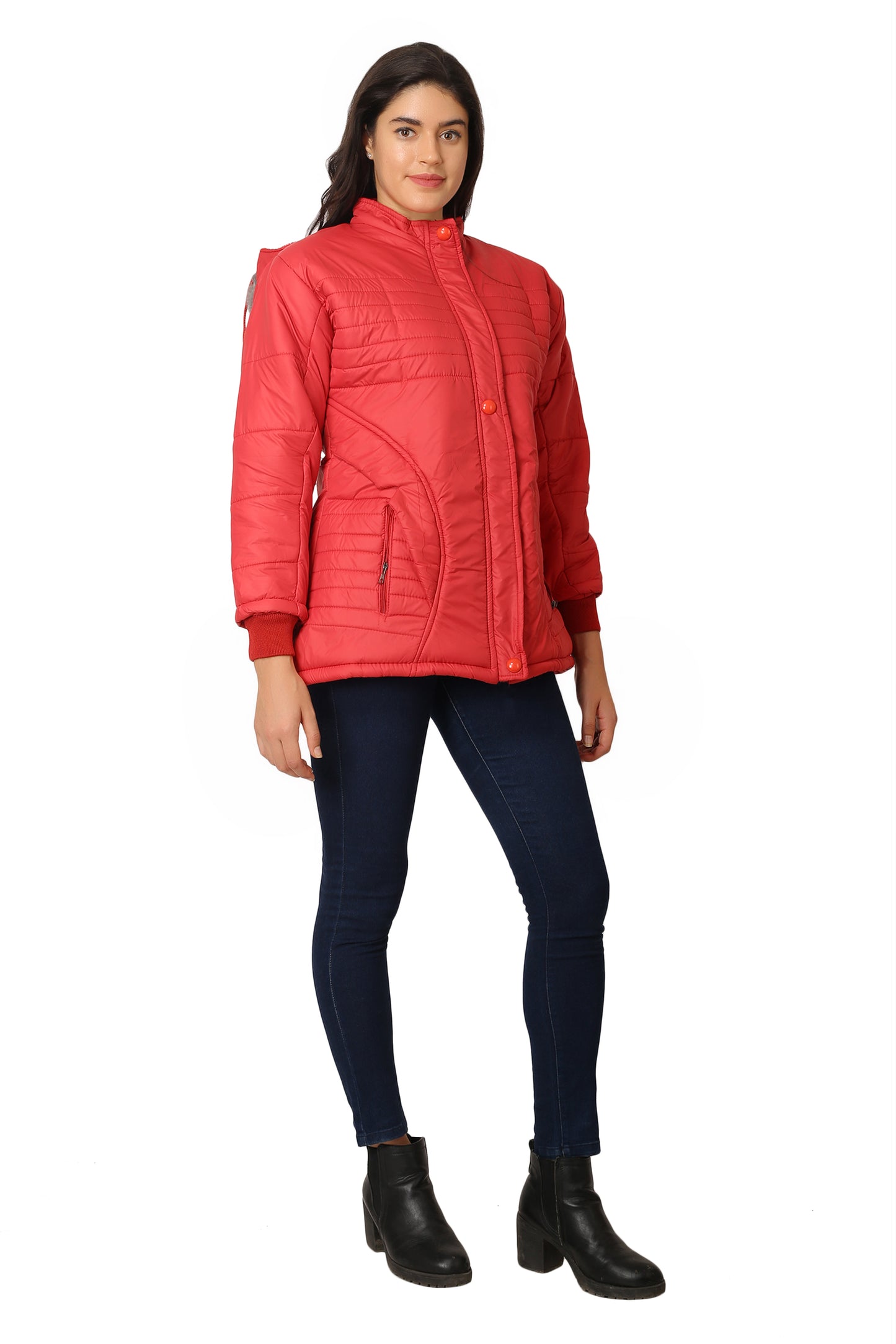 NUEVOSDAMAS Women Solid Red Full Sleeve Puffer Jacket With Detachable Hood