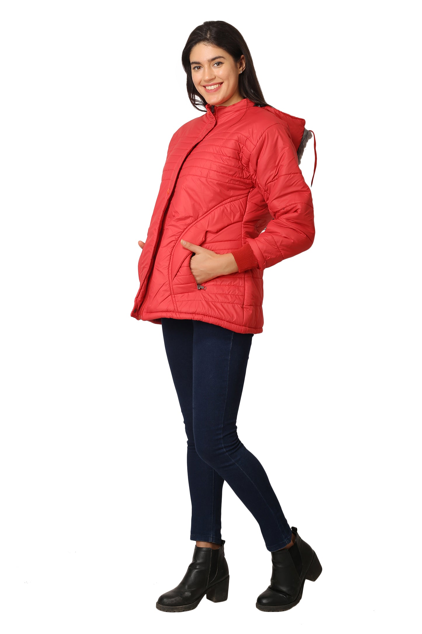 NUEVOSDAMAS Women Solid Red Full Sleeve Puffer Jacket With Detachable Hood