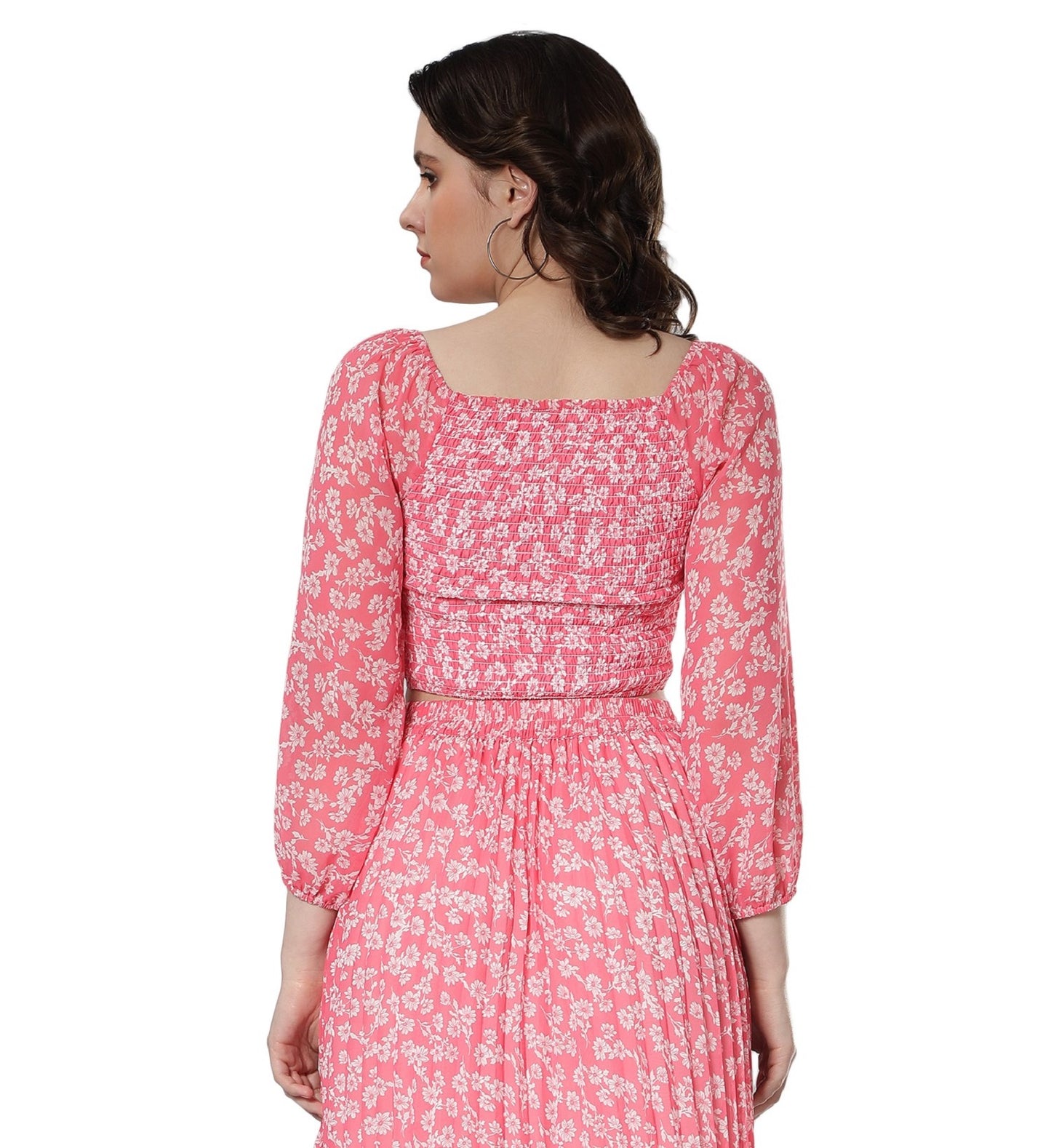 NUEVOSDAMAS Georgette Floral Printed Balloon Sleeve Pink Top