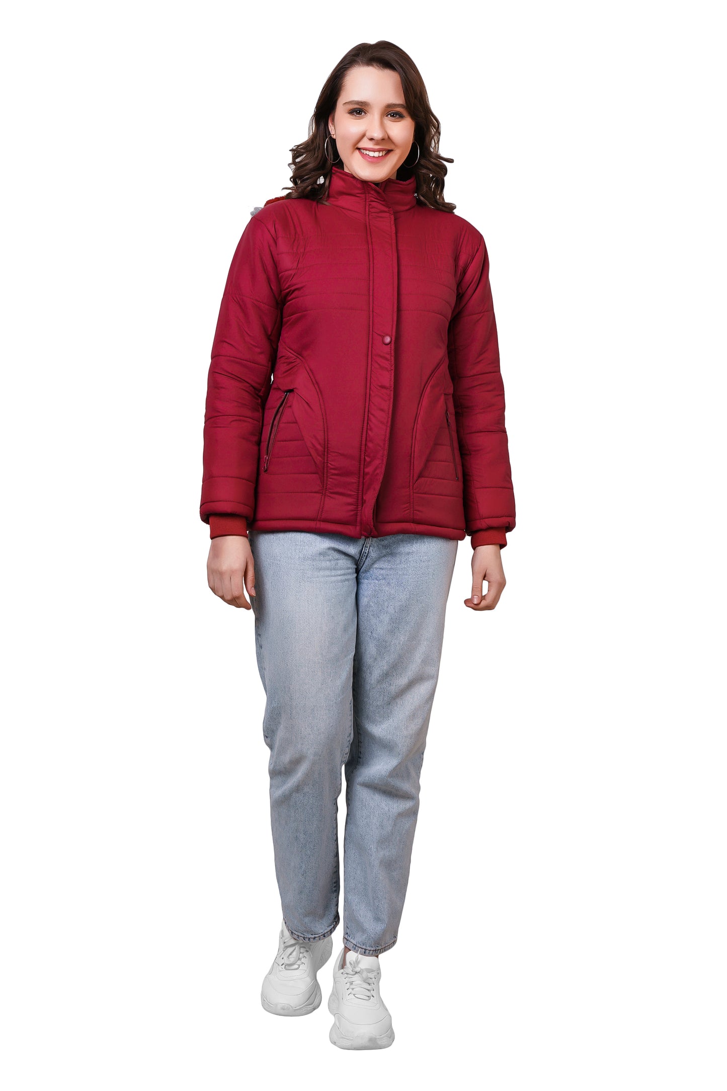 NUEVOSDAMAS Women Solid Maroon Full Sleeve Puffer Jacket With Detachable Hood