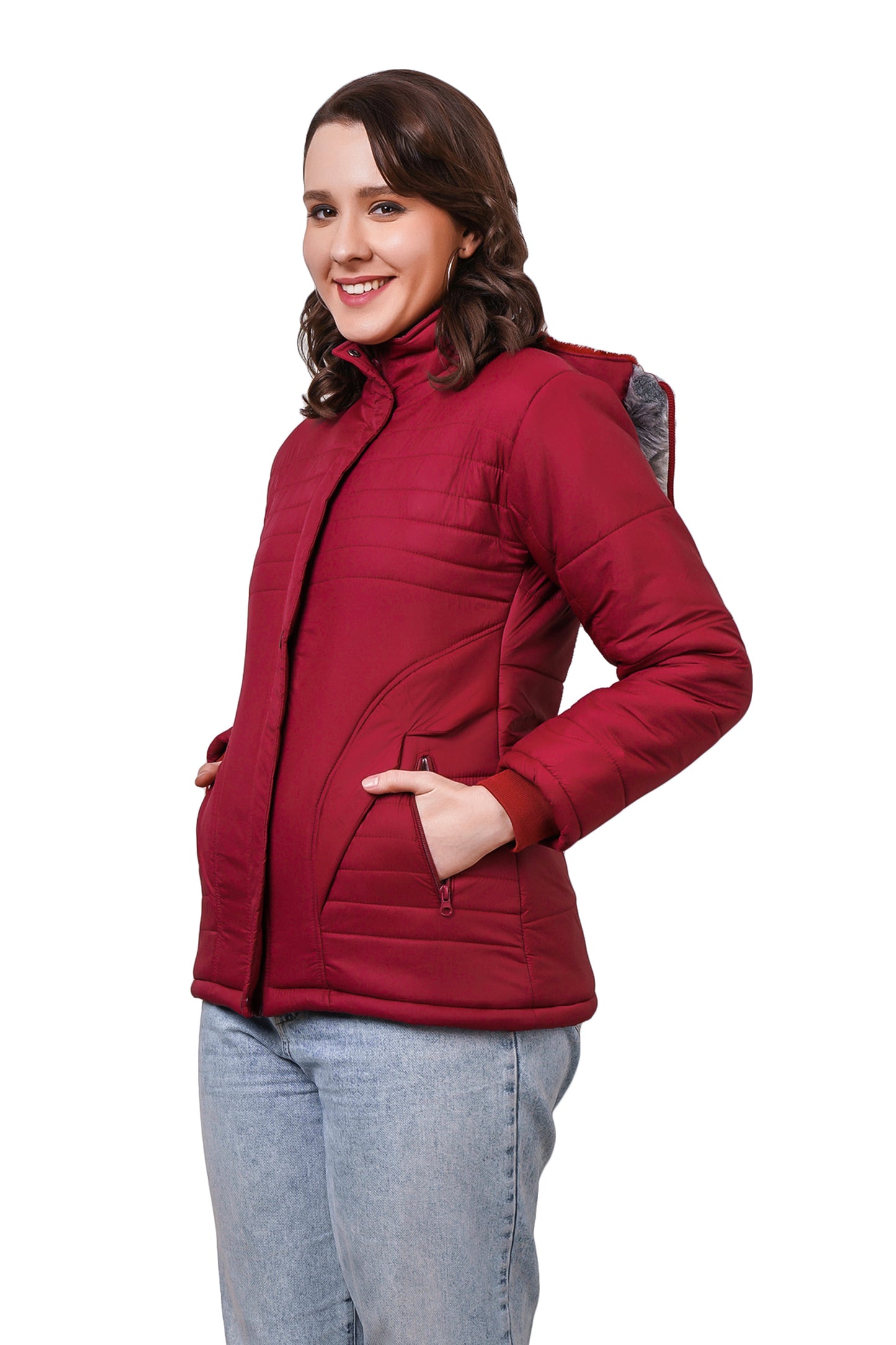 NUEVOSDAMAS Women Solid Maroon Full Sleeve Puffer Jacket With Detachable Hood