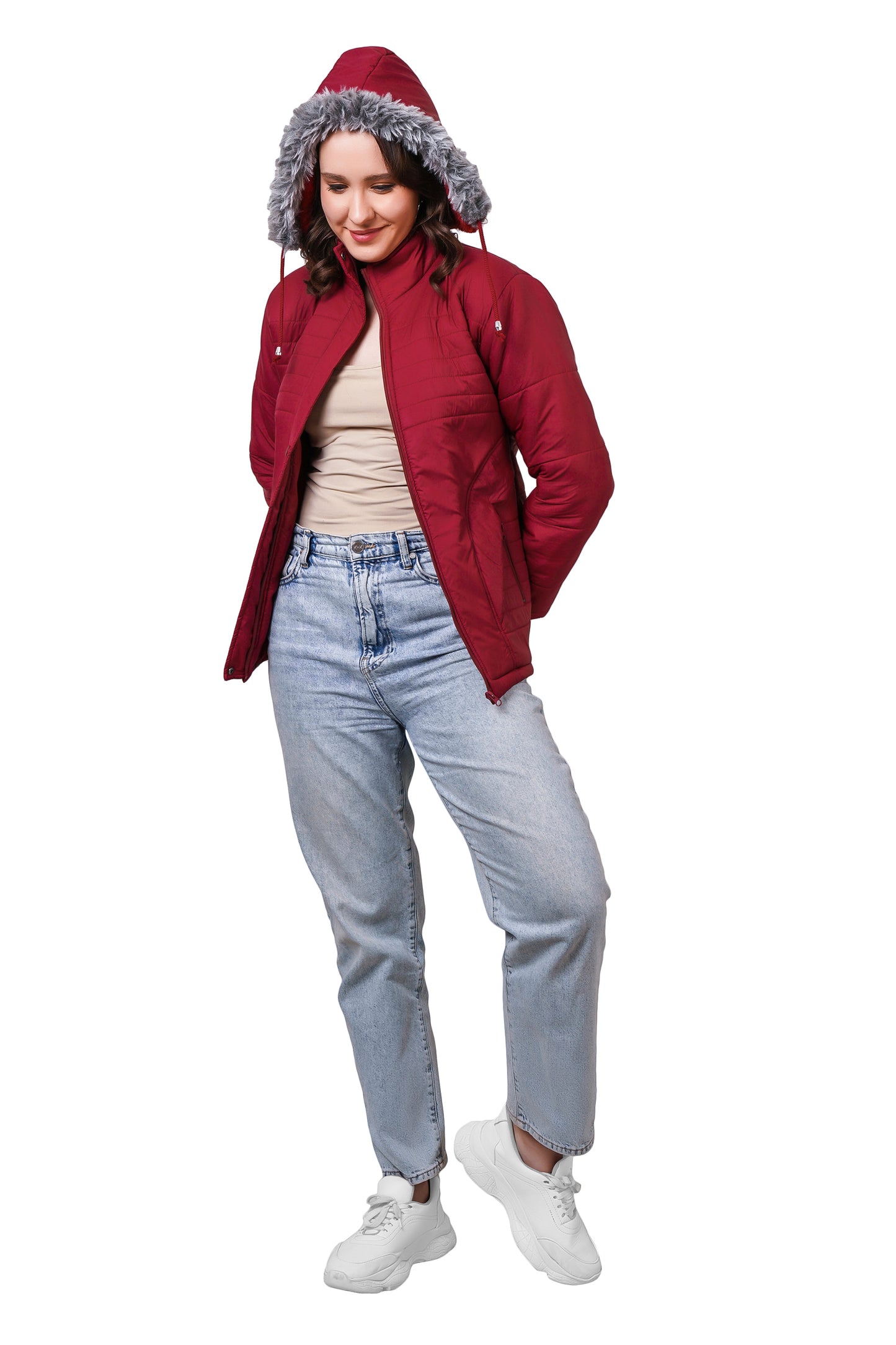 NUEVOSDAMAS Women Solid Maroon Full Sleeve Puffer Jacket With Detachable Hood