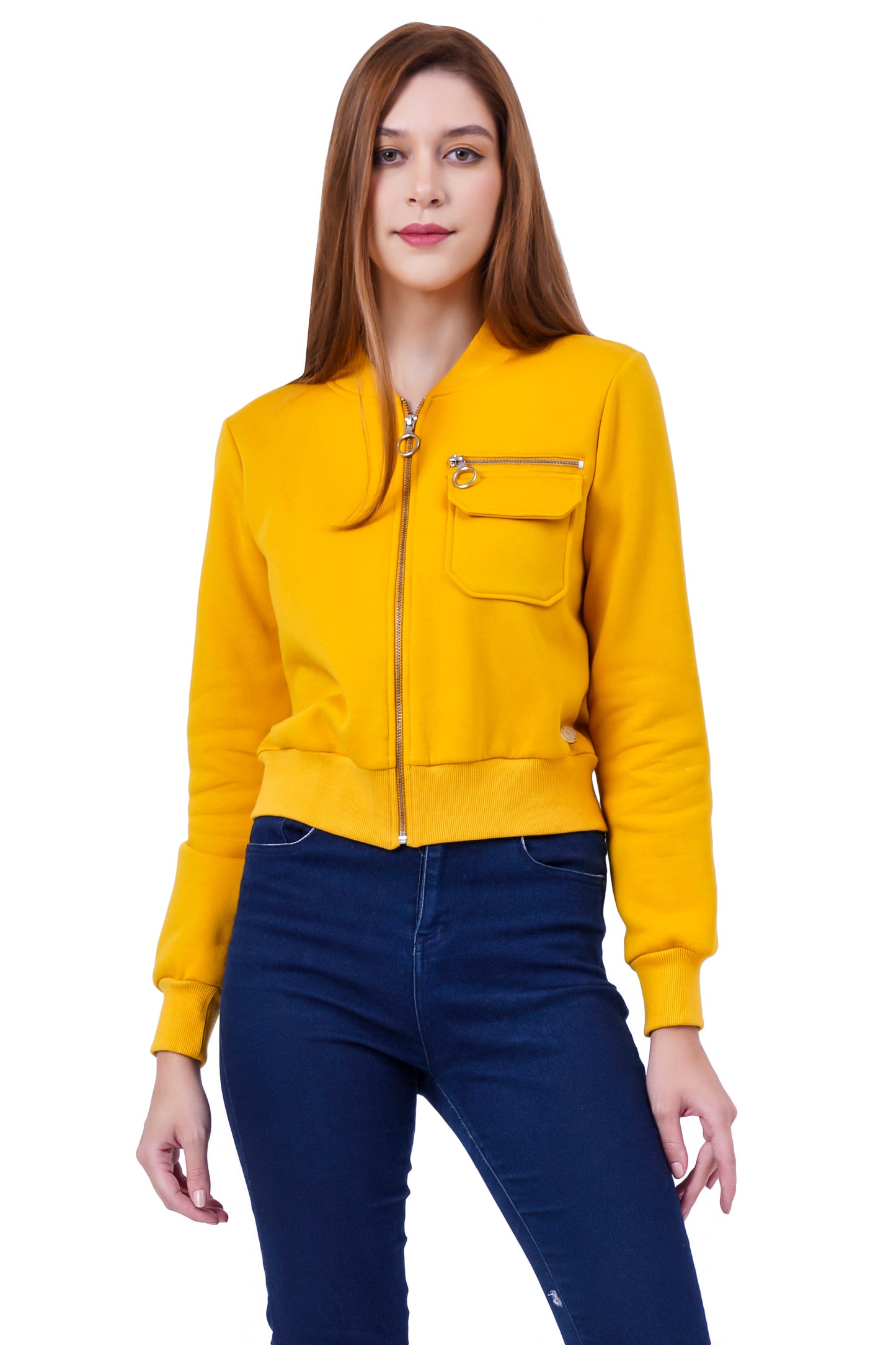 Women Full Sleeve Solid Fleece Jacket ( Mustard )