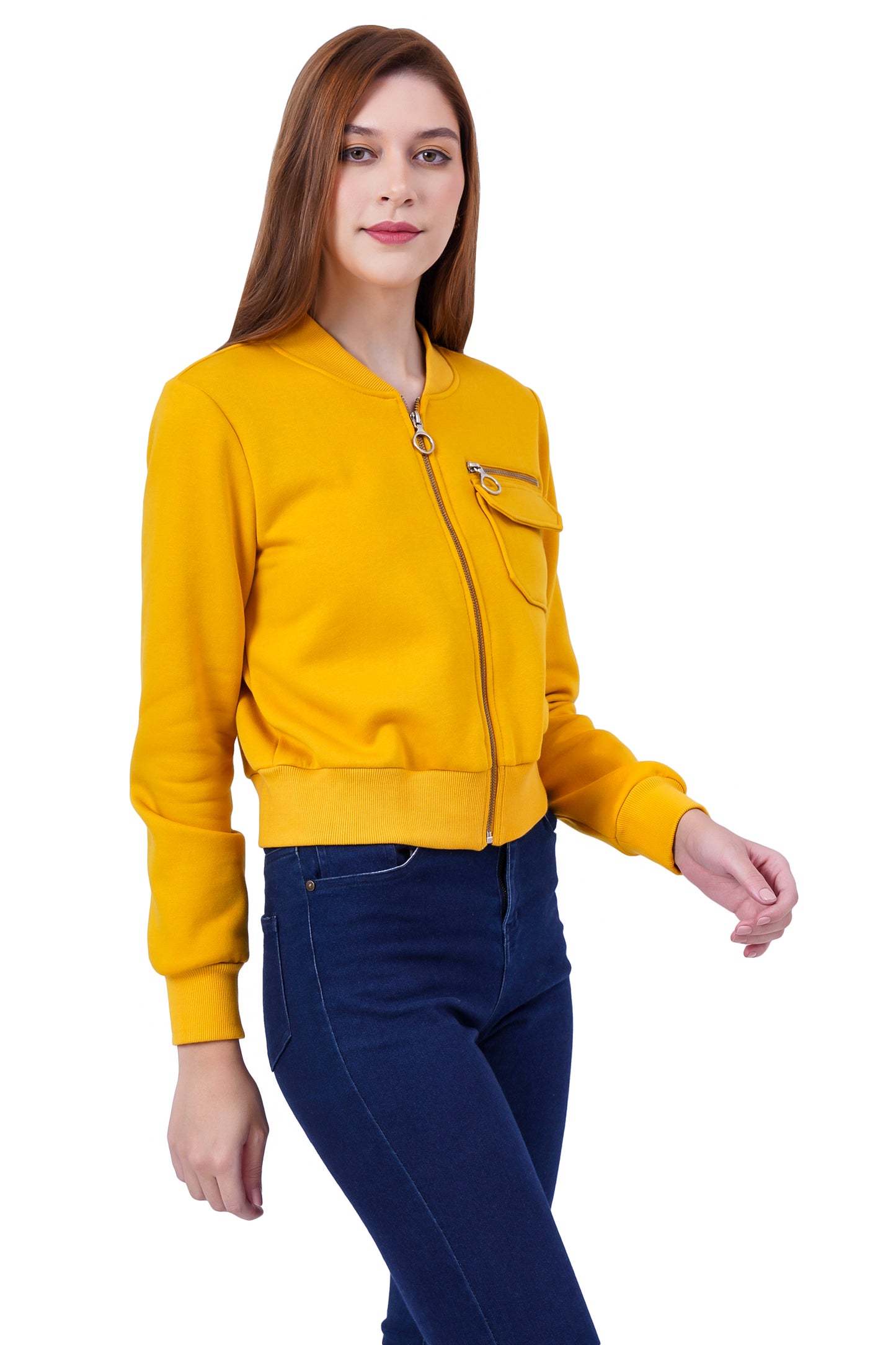 Women Full Sleeve Solid Fleece Jacket ( Mustard )