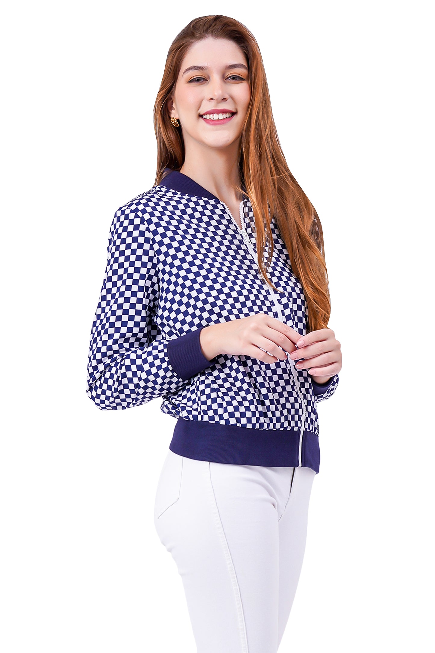 NUEVOSDAMAS Geometrical Printed Bomber Jacket - Blue/White