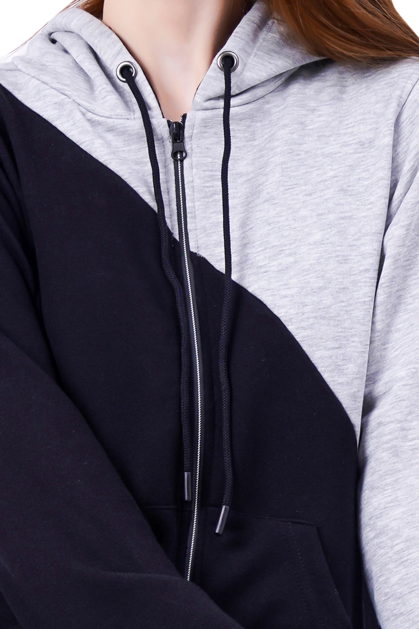 NUEVOSDAMAS Cotton Terry Solid Blocks Hooded Sweatshirt - Grey/Black