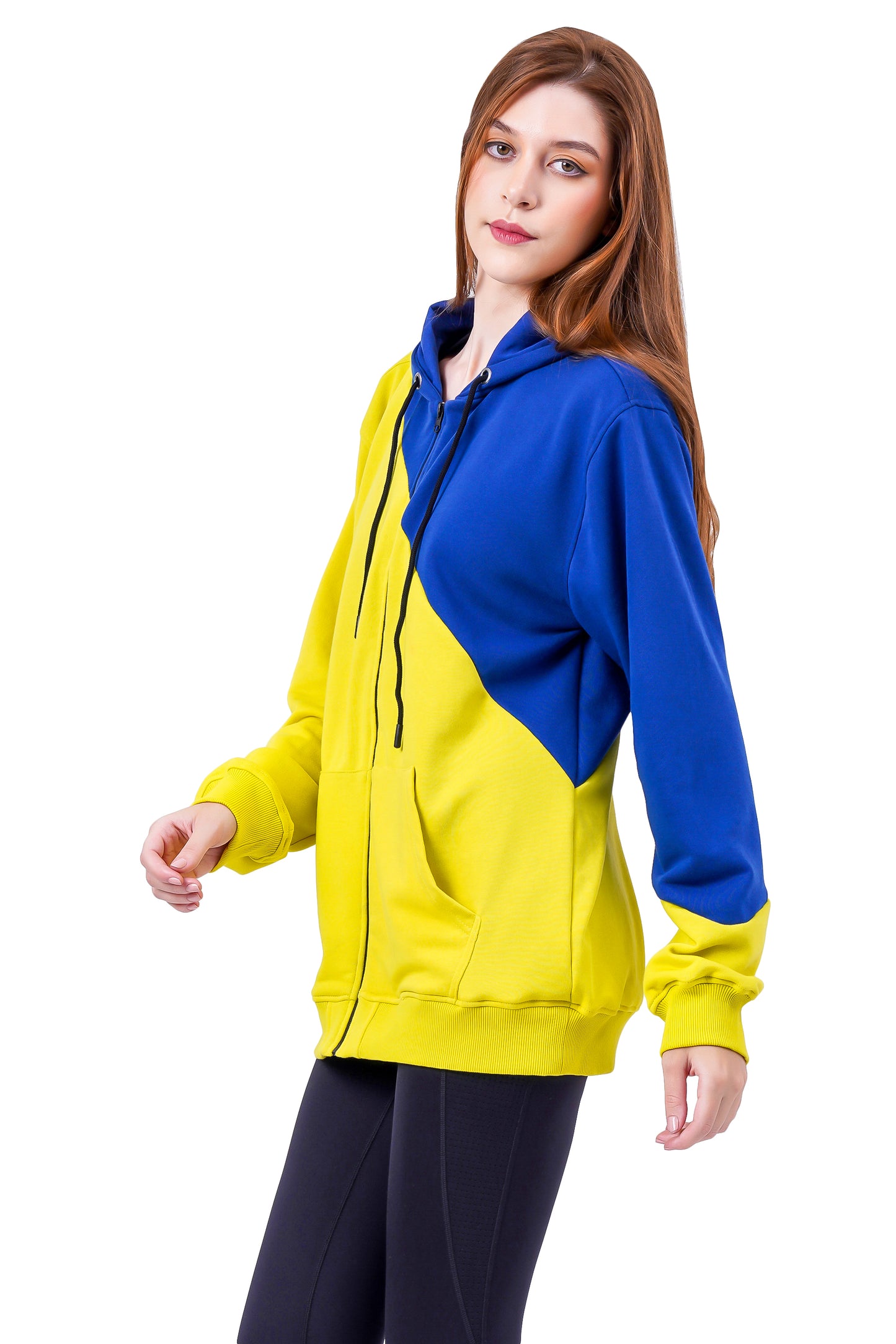 NUEVOSDAMAS Cotton Terry Solid Blocks Hooded Sweatshirt - Blue/Lime