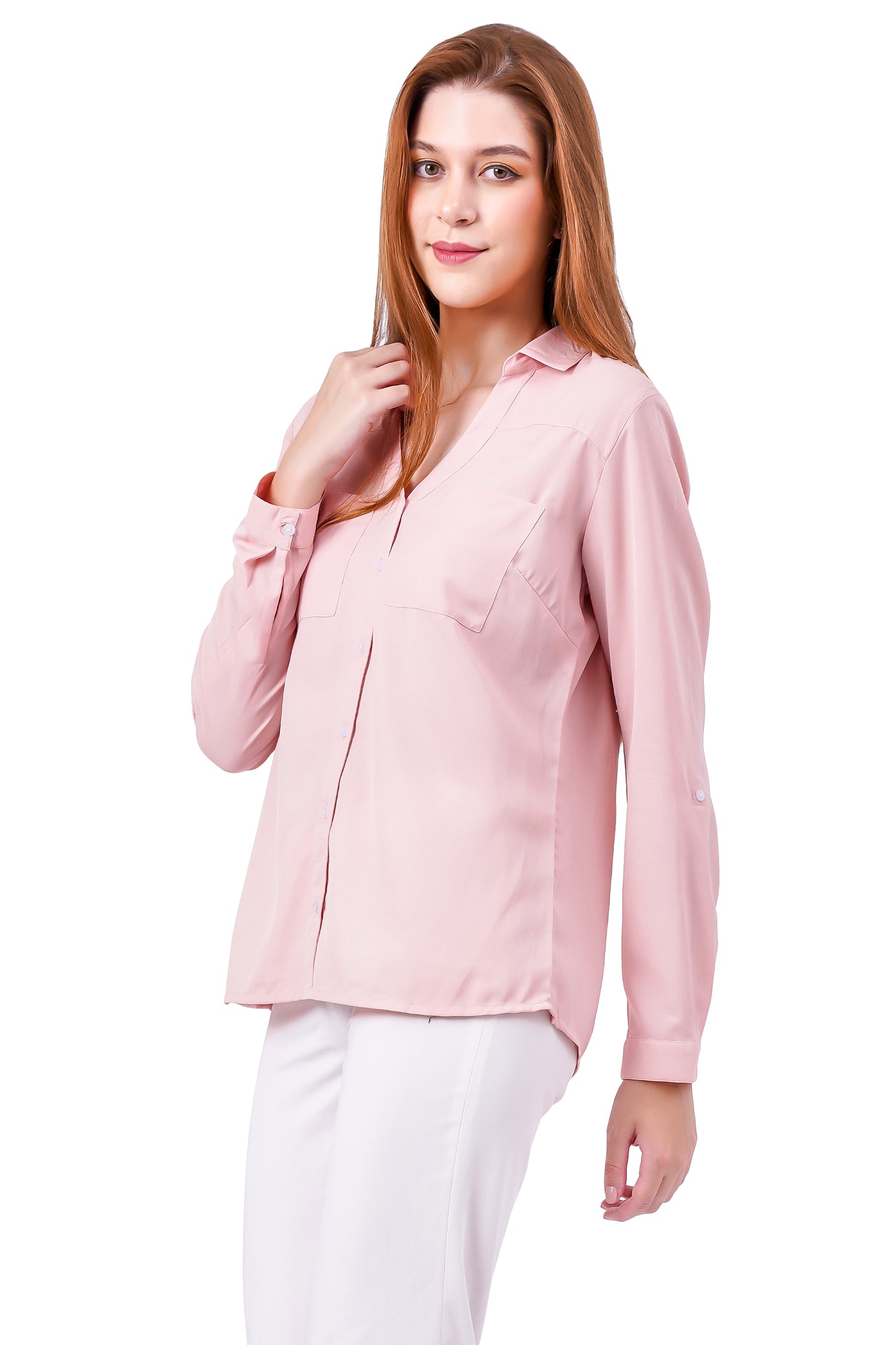 NUEVOSDAMAS Solid Peach Casual/Formal Women Full Sleeve Shirt