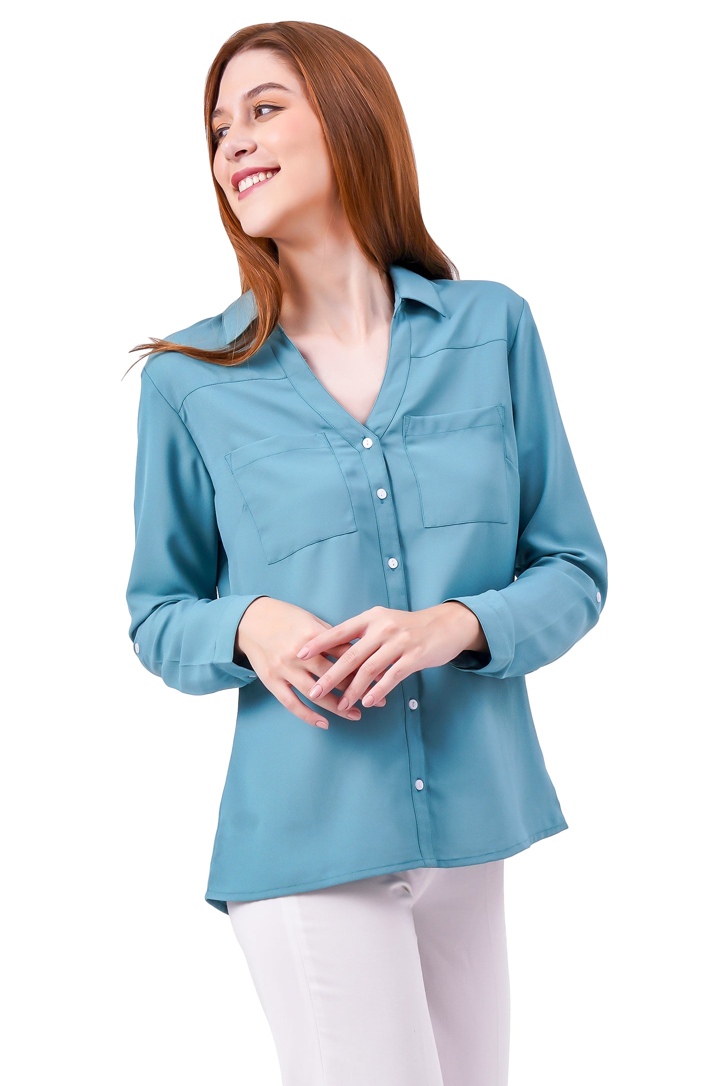 NUEVOSDAMAS Solid Turquoise Casual/Formal Women Full Sleeve Shirt
