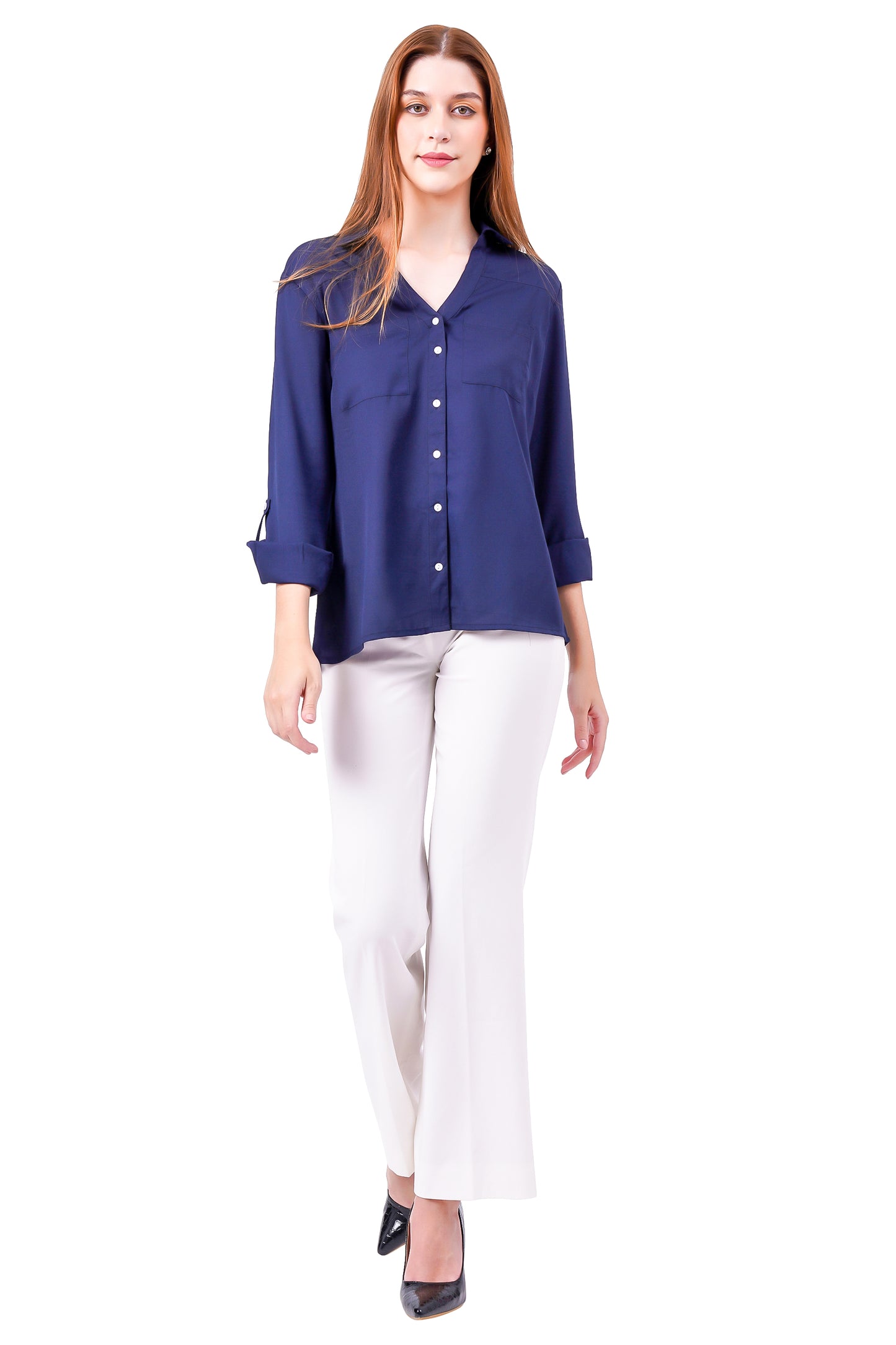 NUEVOSDAMAS Solid Navy Blue Casual/Formal Women Full Sleeve Shirt