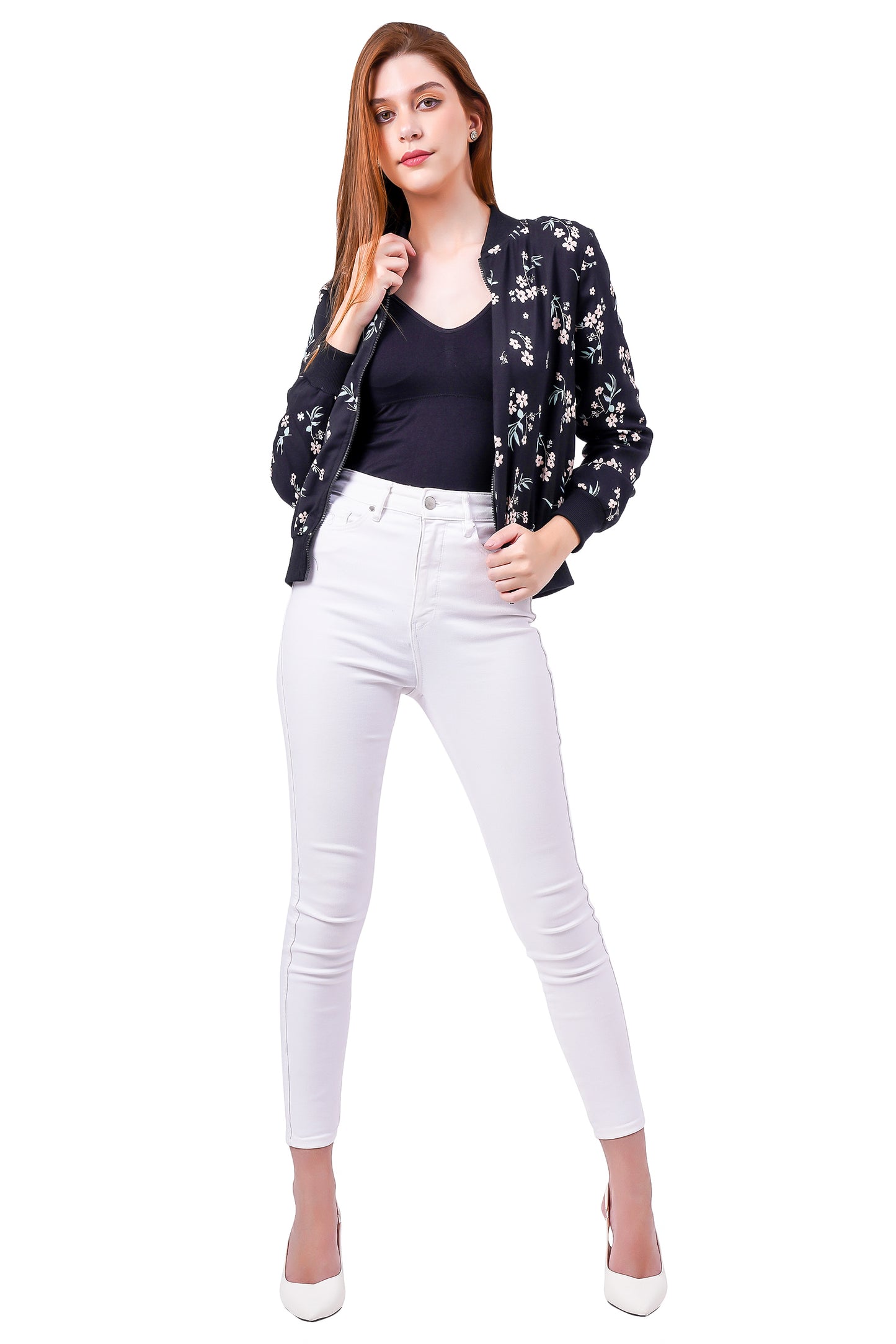 NUEVOSDAMAS FLORAL PRINTED BLACK BOMBER JACKET