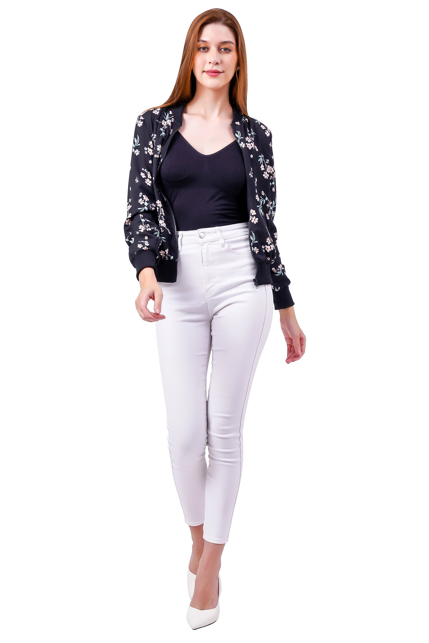NUEVOSDAMAS FLORAL PRINTED BLACK BOMBER JACKET