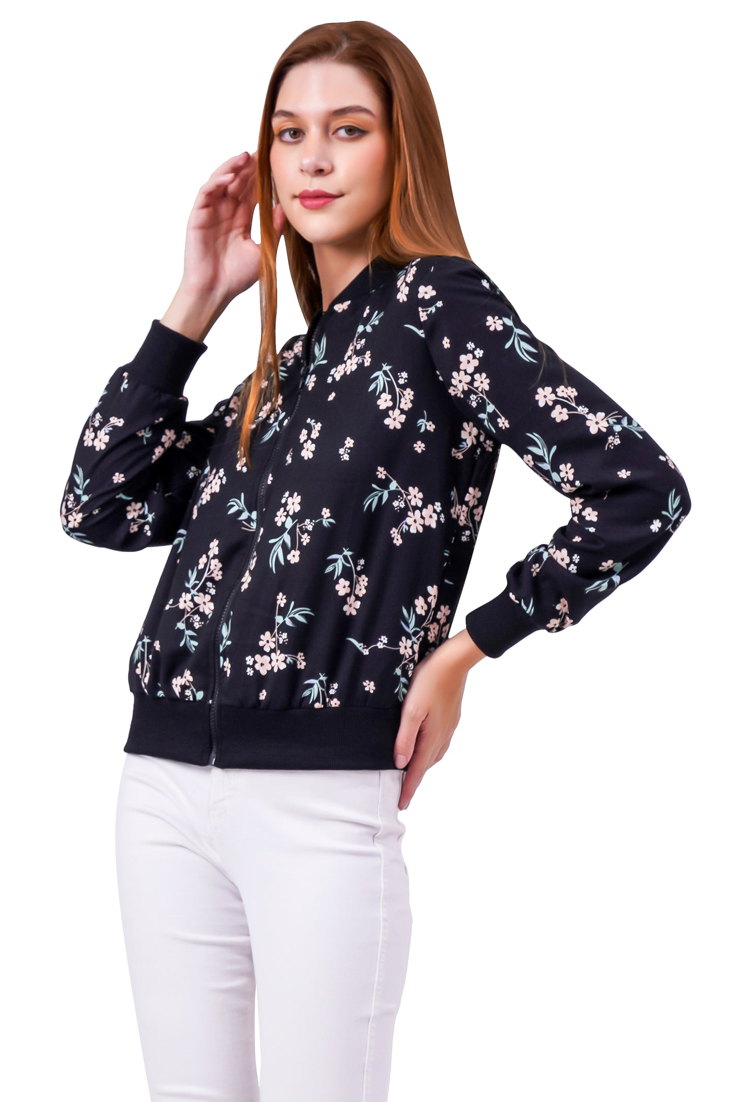 NUEVOSDAMAS FLORAL PRINTED BLACK BOMBER JACKET