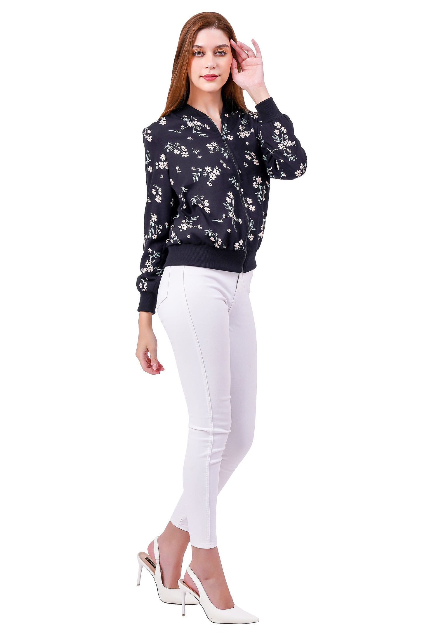 NUEVOSDAMAS FLORAL PRINTED BLACK BOMBER JACKET