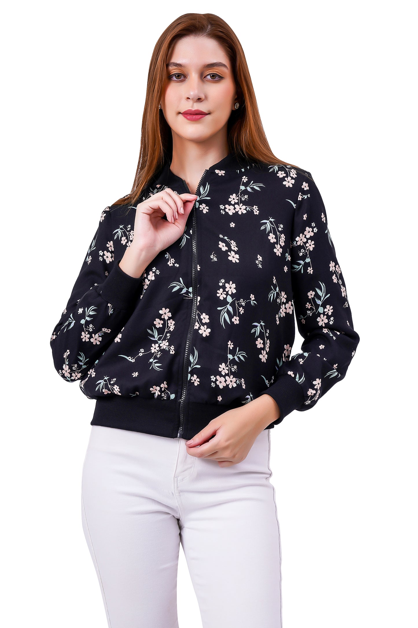 NUEVOSDAMAS FLORAL PRINTED BLACK BOMBER JACKET