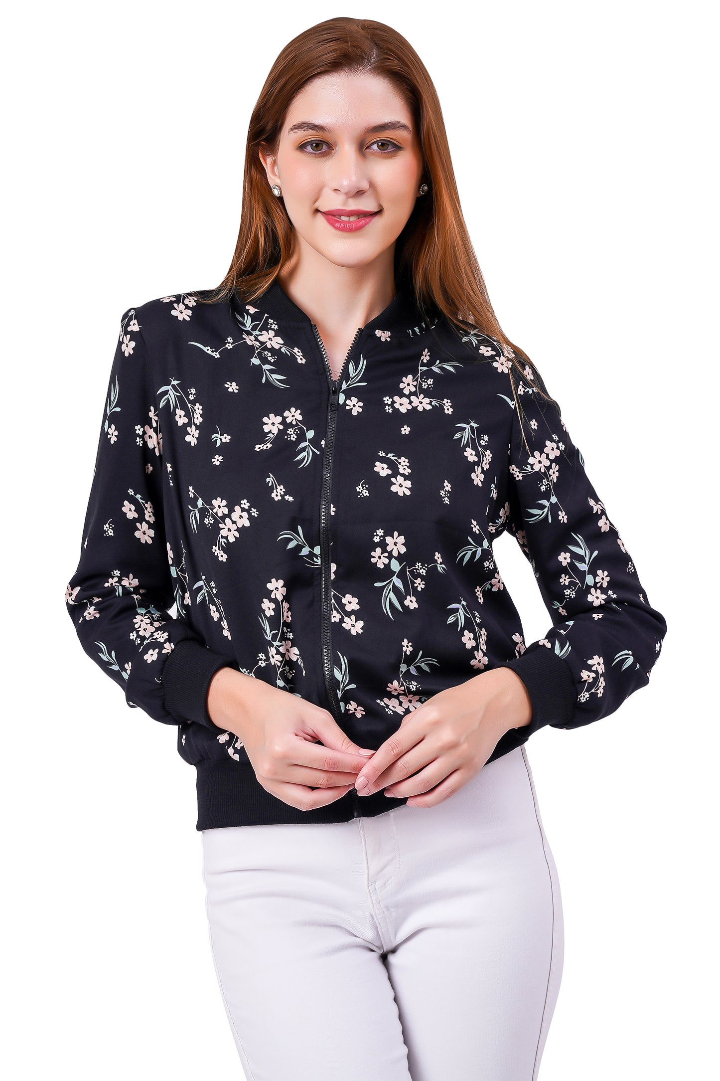 NUEVOSDAMAS FLORAL PRINTED BLACK BOMBER JACKET
