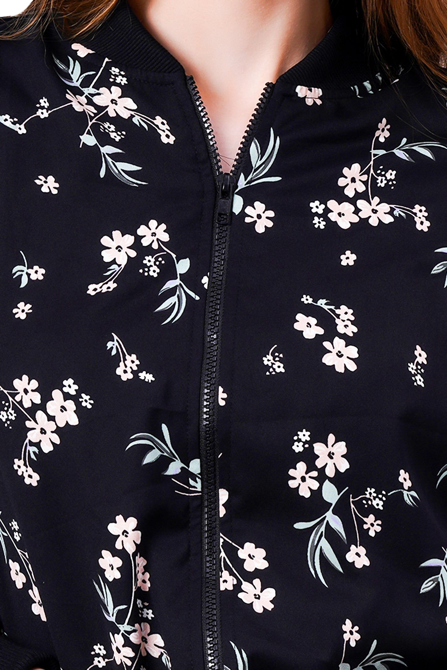 NUEVOSDAMAS FLORAL PRINTED BLACK BOMBER JACKET