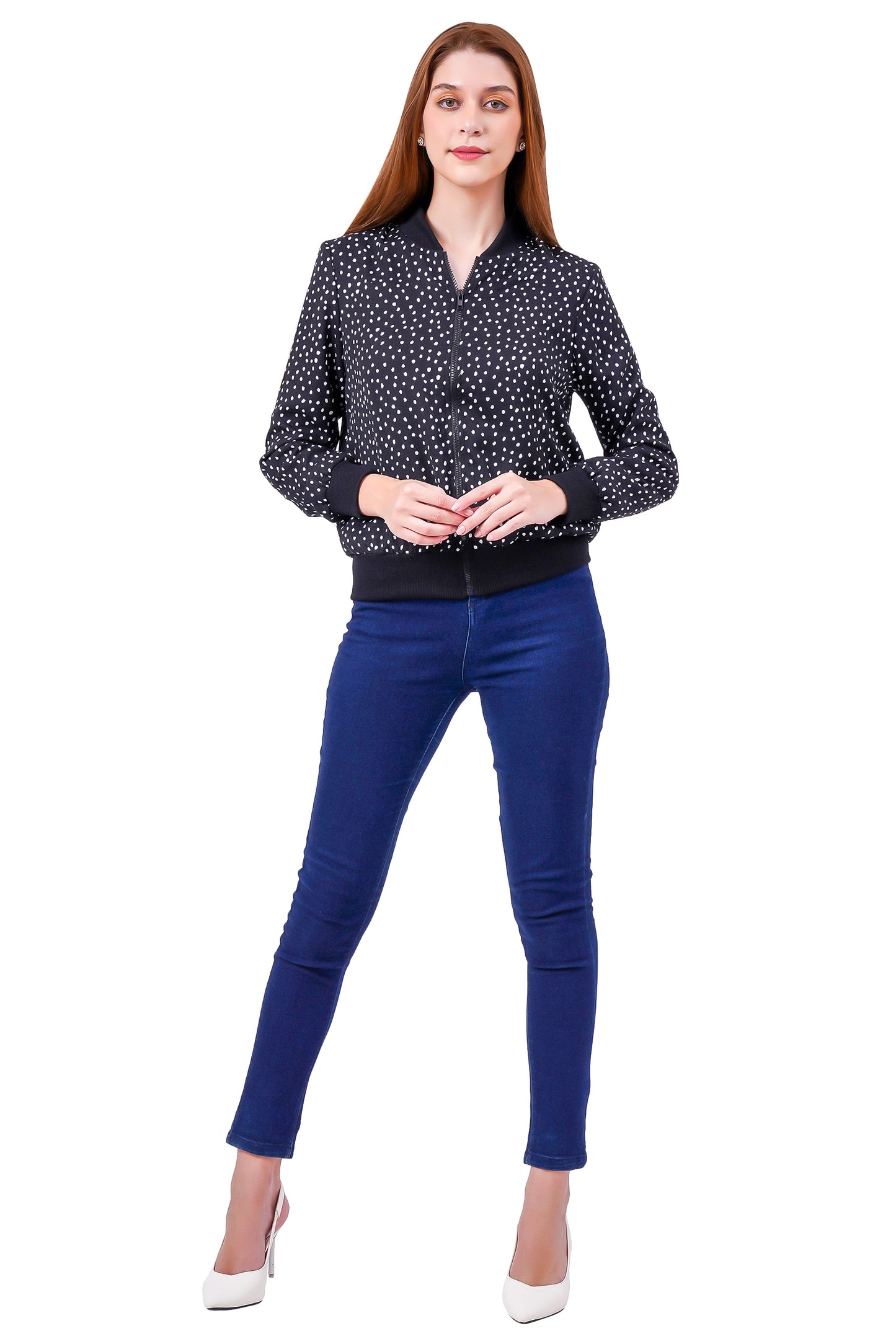 NUEVOSDAMAS Oval Dot Printed Black Bomber Jacket