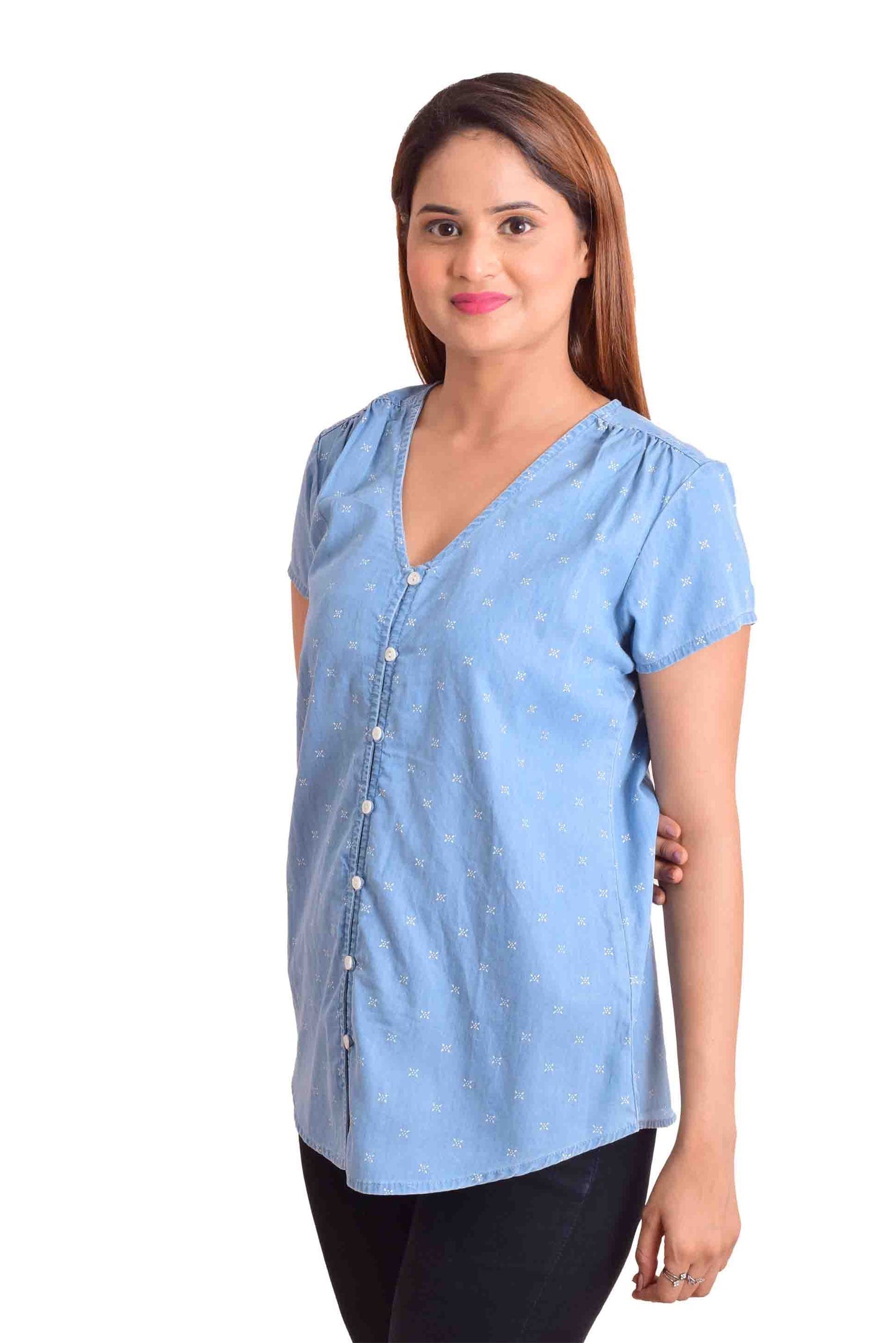 NUEVOSDAMAS Women Denim Solid Blue Western Top