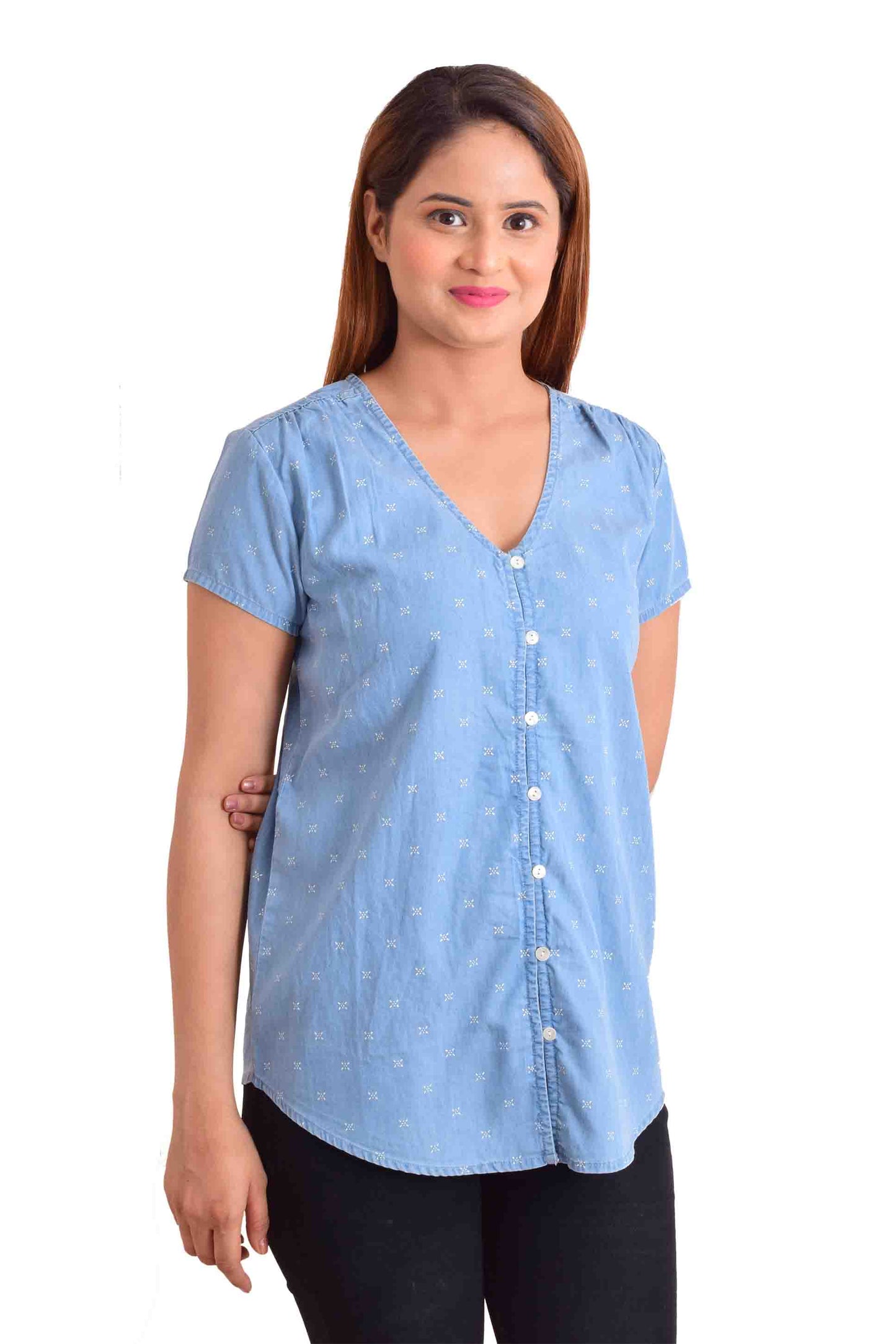 NUEVOSDAMAS Women Denim Solid Blue Western Top