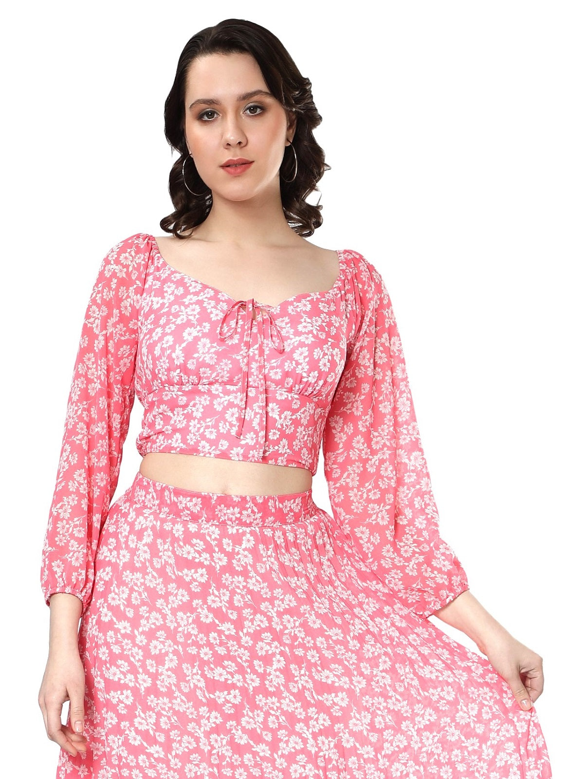 NUEVOSDAMAS Georgette Floral Printed Balloon Sleeve Pink Top