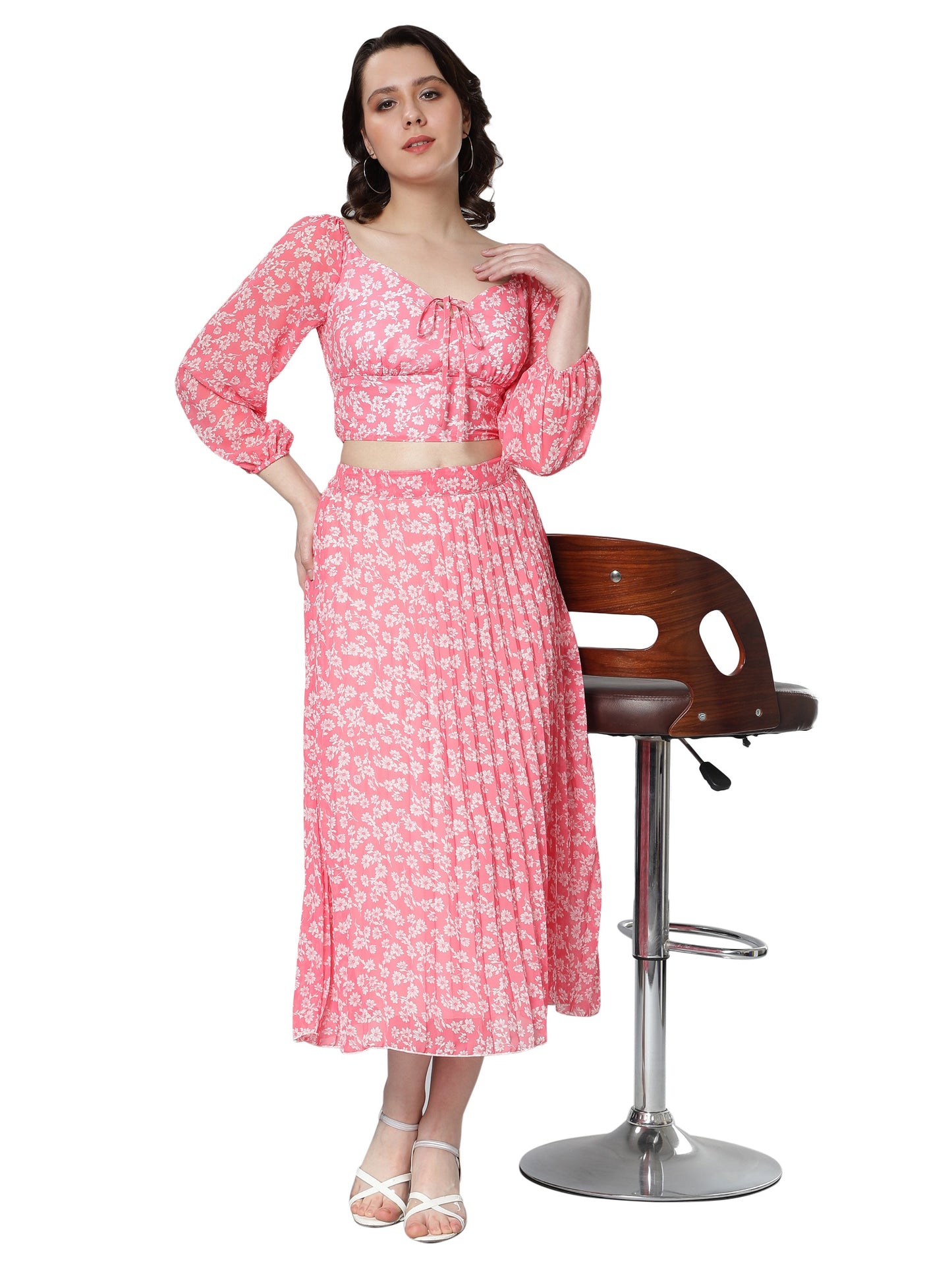 NUEVOSDAMAS Georgette Floral Printed Balloon Sleeve Pink Top