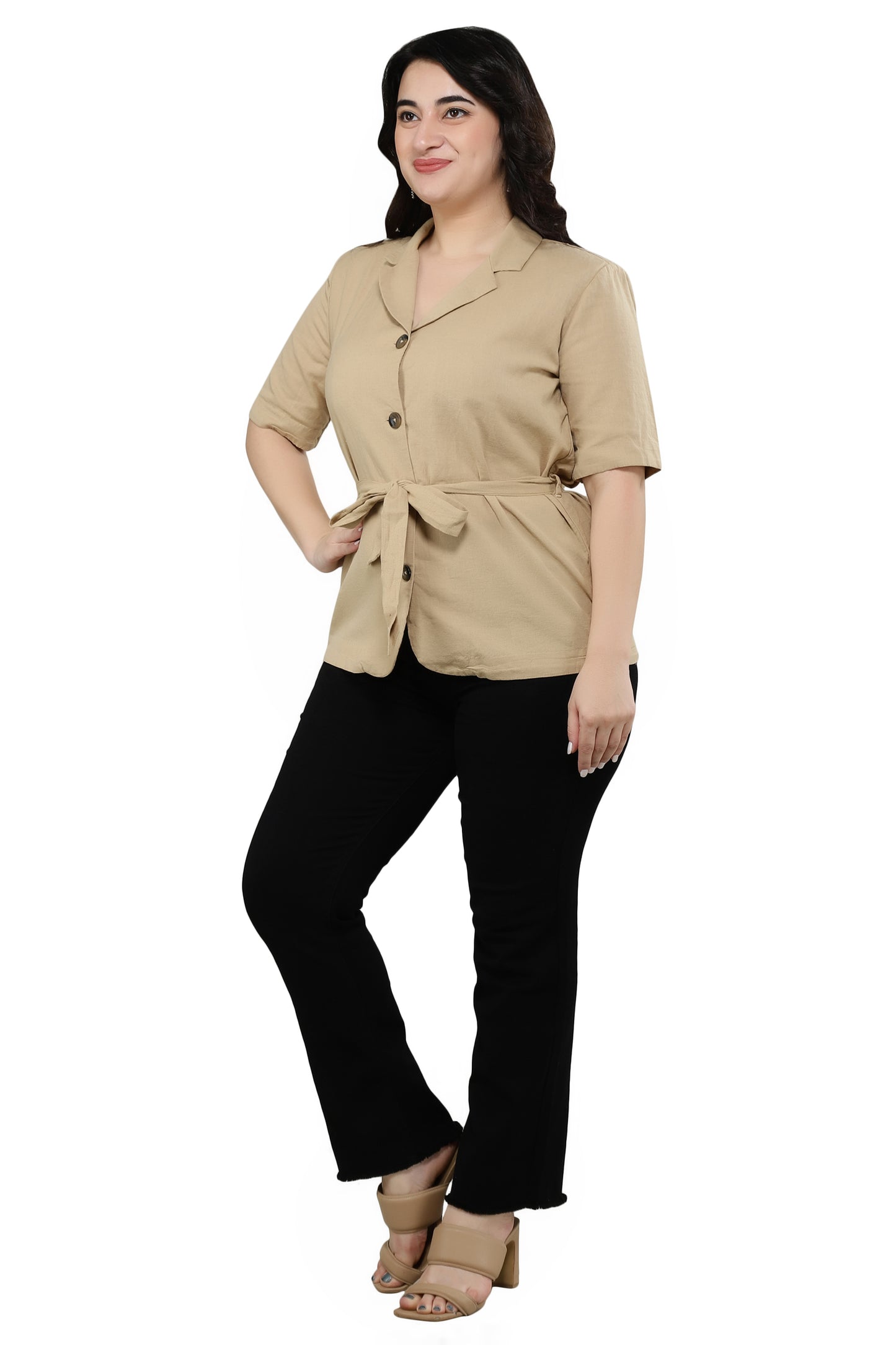 NUEVOSDAMAS Women Cotton Solid Blazer Beige Shirt