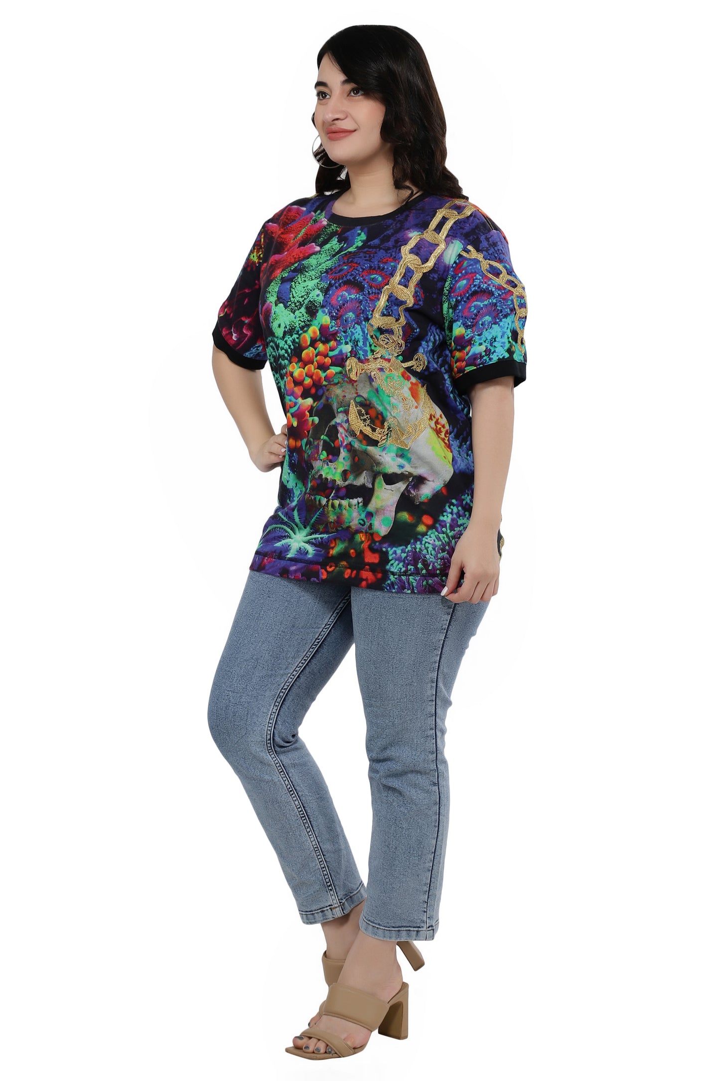 NUEVOSDAMAS Women Cotton Printed Half Sleeve Women's Black T-Shirt