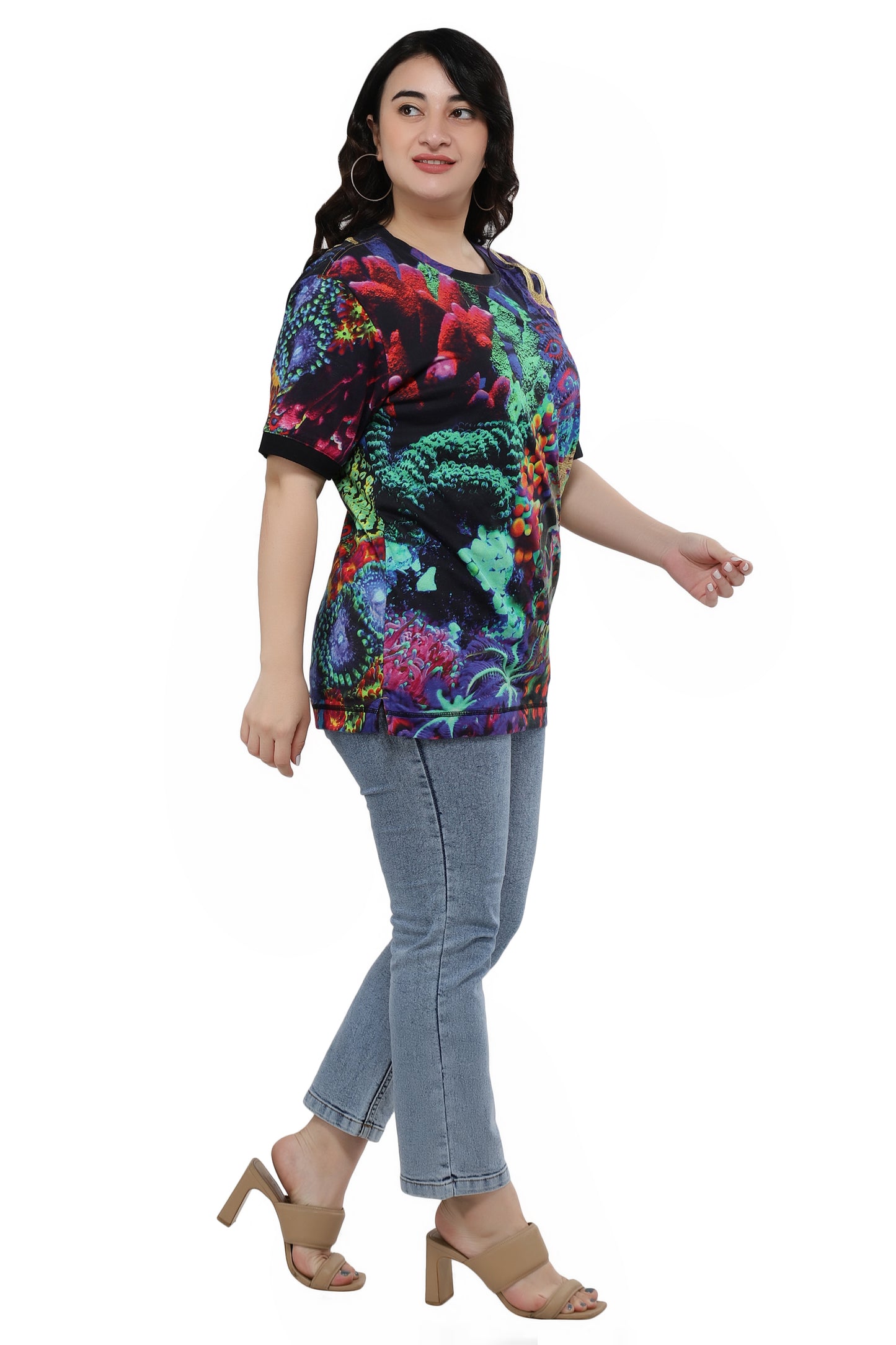NUEVOSDAMAS Women Cotton Printed Half Sleeve Women's Black T-Shirt