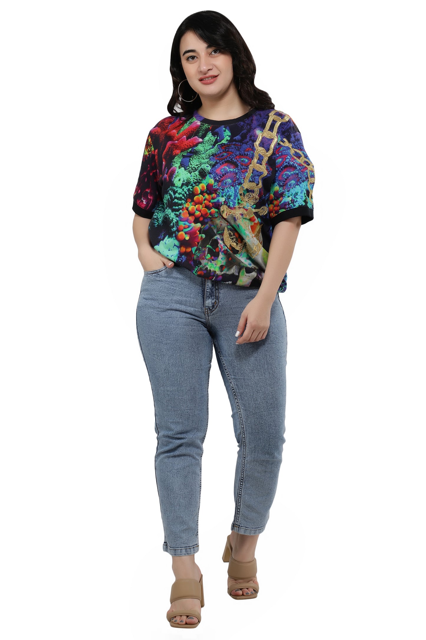 NUEVOSDAMAS Women Cotton Printed Half Sleeve Women's Black T-Shirt