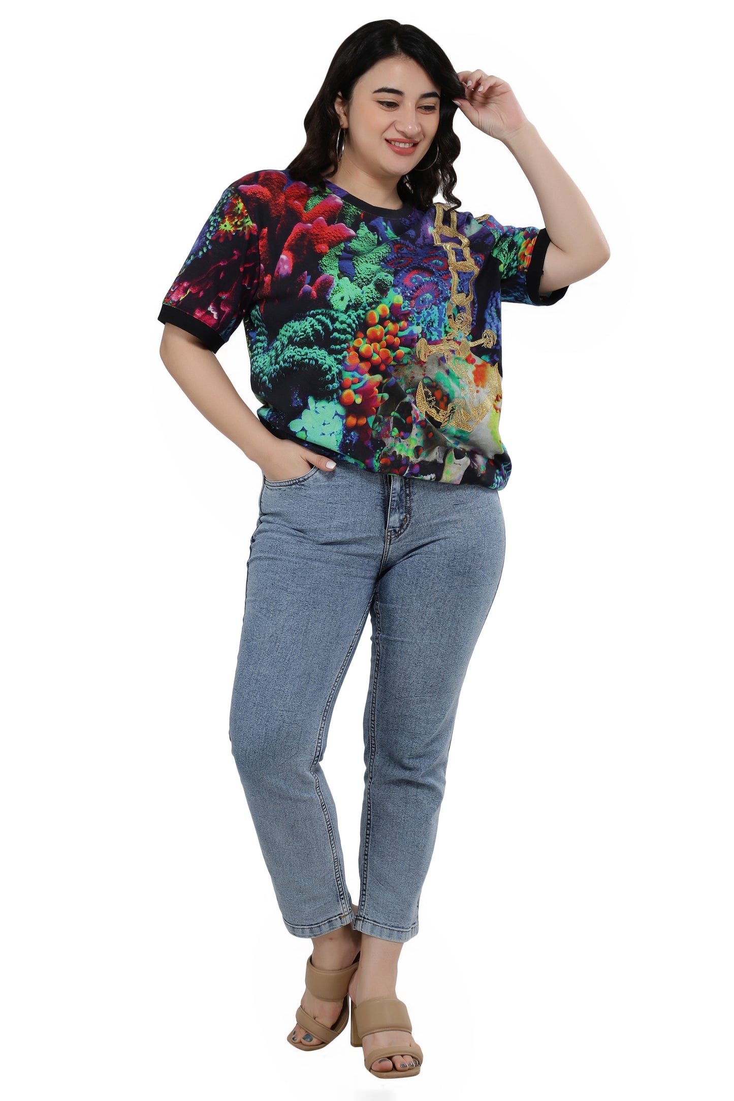 NUEVOSDAMAS Women Cotton Printed Half Sleeve Women's Black T-Shirt