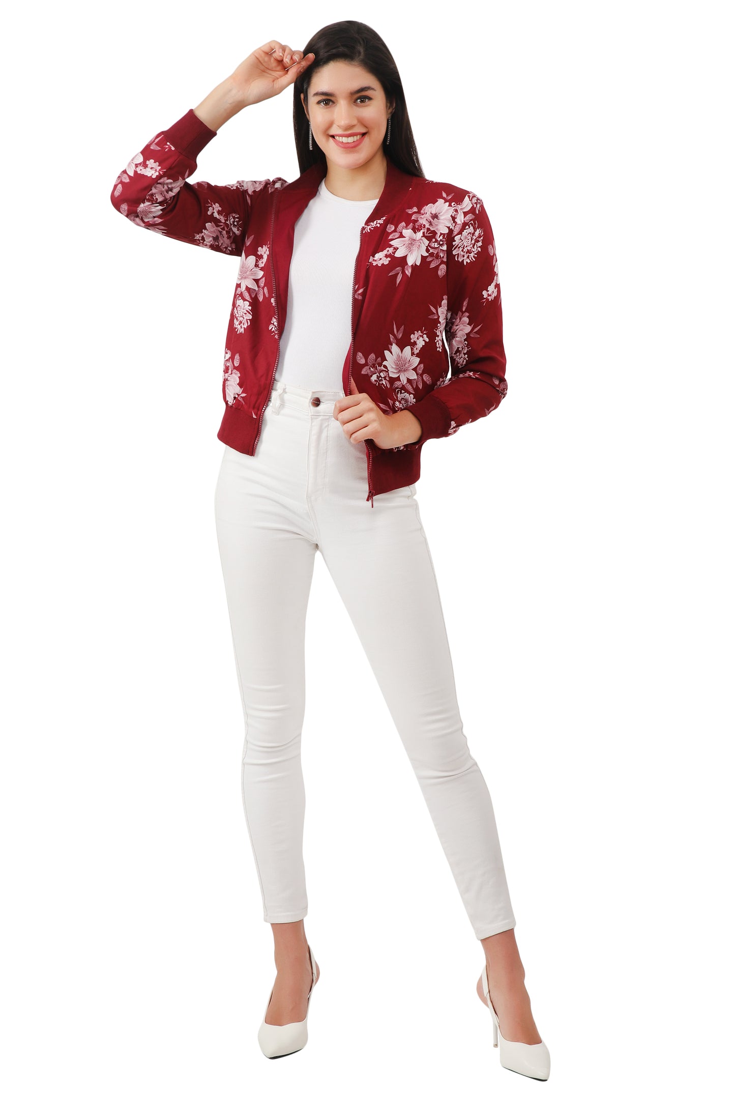 NUEVOSDAMAS Women Printed Full Sleeve Bomber jacket | Latest Stylish Floral Printed Women Jacket | Light Weight Crepe Jacket for women_ Maroon