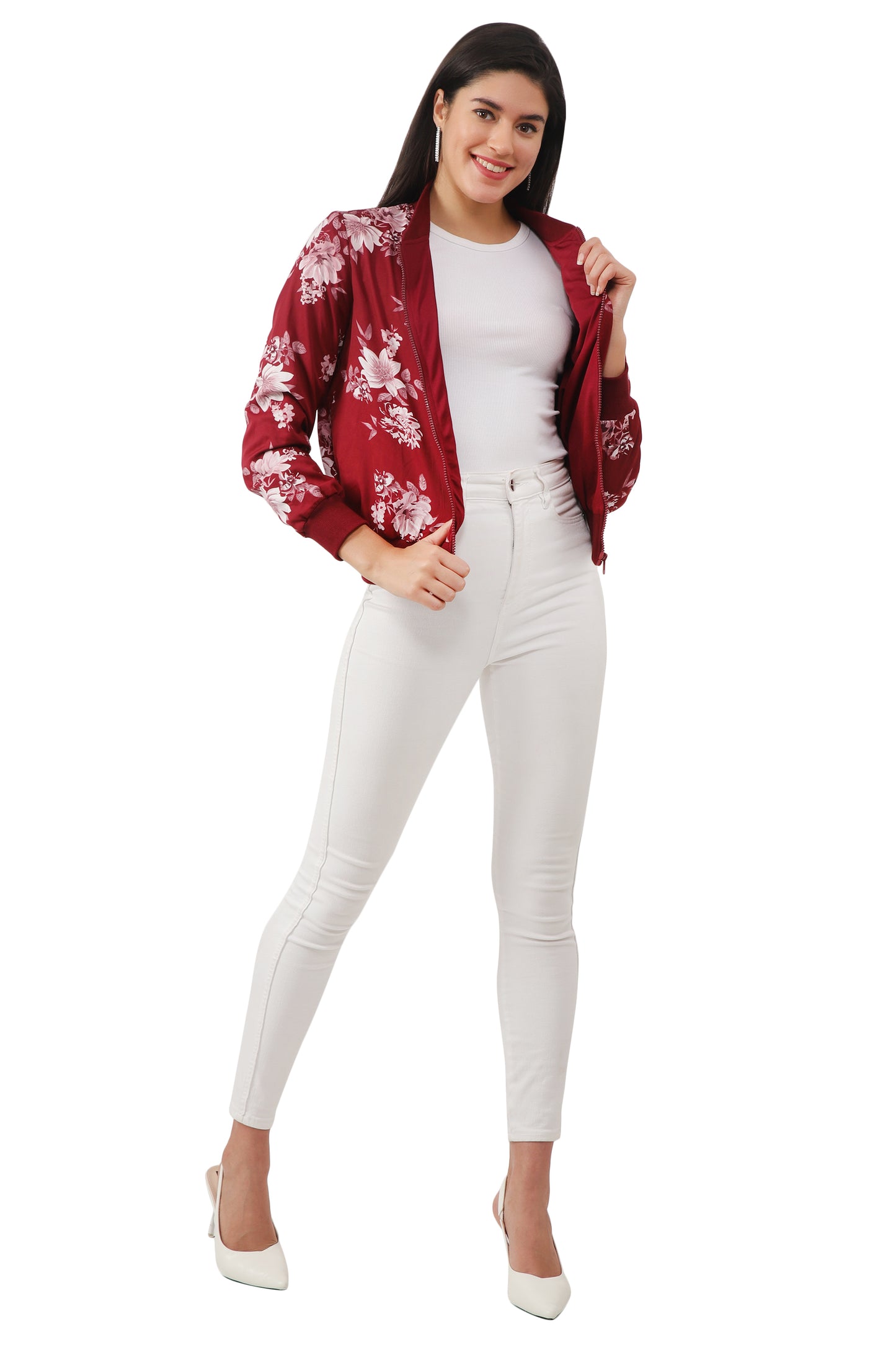 NUEVOSDAMAS Women Printed Full Sleeve Bomber jacket | Latest Stylish Floral Printed Women Jacket | Light Weight Crepe Jacket for women_ Maroon