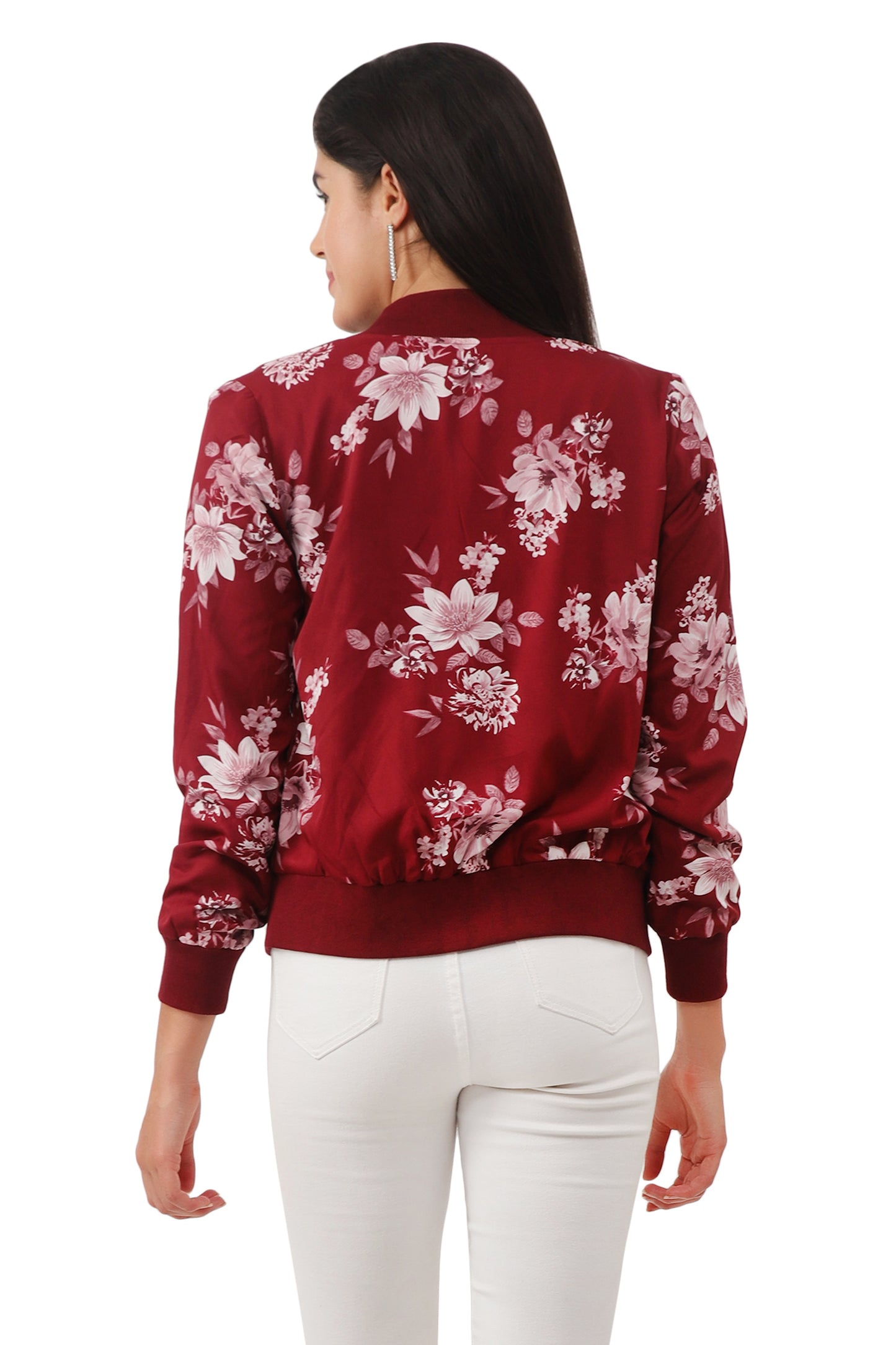 NUEVOSDAMAS Women Printed Full Sleeve Bomber jacket | Latest Stylish Floral Printed Women Jacket | Light Weight Crepe Jacket for women_ Maroon
