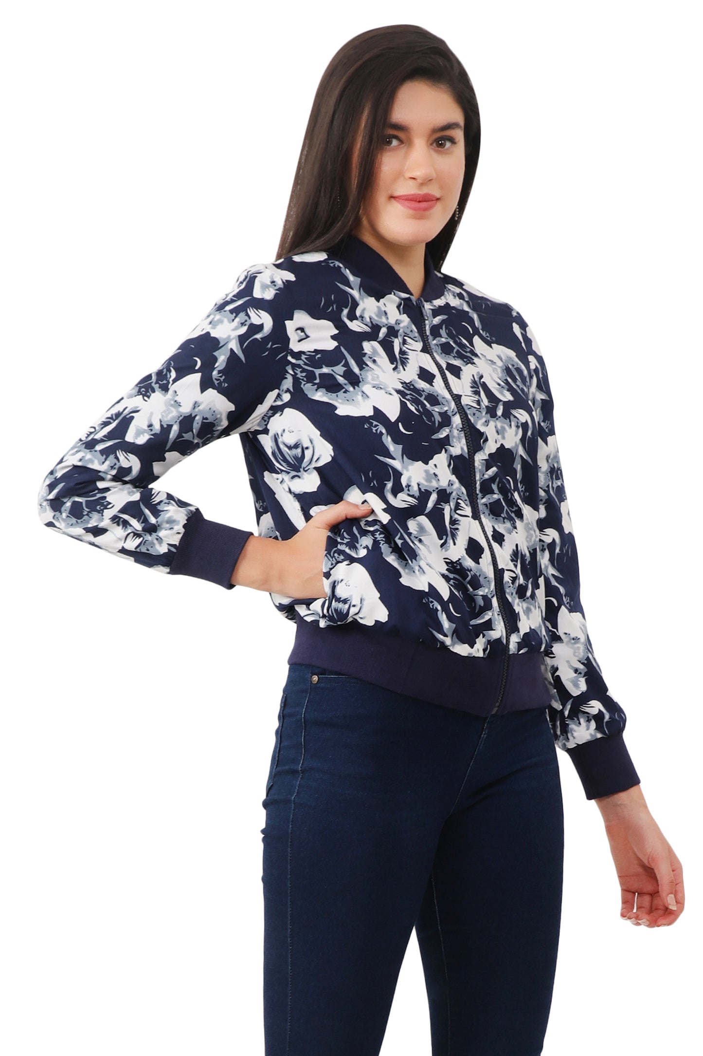 NUEVOSDAMAS Women Printed Full Sleeve Bomber Jacket | Latest Stylish Floral Printed Women Jacket | Light Weight Crepe Jacket for Women_ Navy White