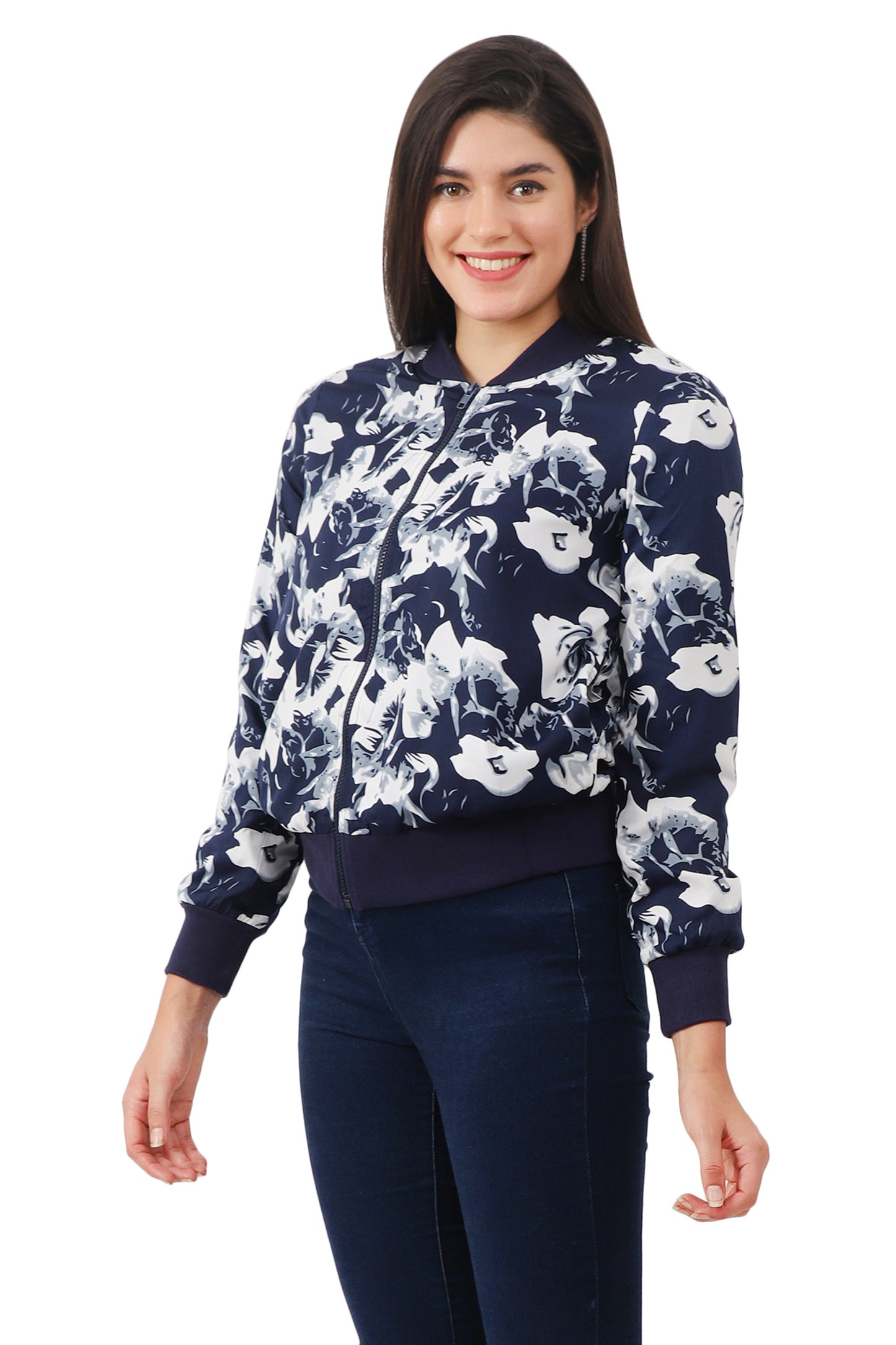 NUEVOSDAMAS Women Printed Full Sleeve Bomber Jacket | Latest Stylish Floral Printed Women Jacket | Light Weight Crepe Jacket for Women_ Navy White