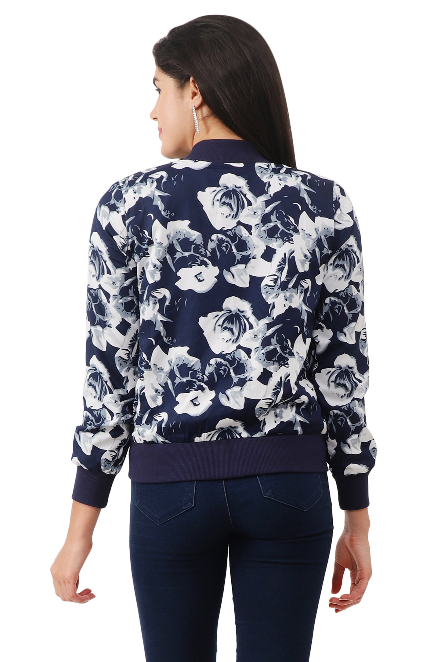NUEVOSDAMAS Women Printed Full Sleeve Bomber Jacket | Latest Stylish Floral Printed Women Jacket | Light Weight Crepe Jacket for Women_ Navy White