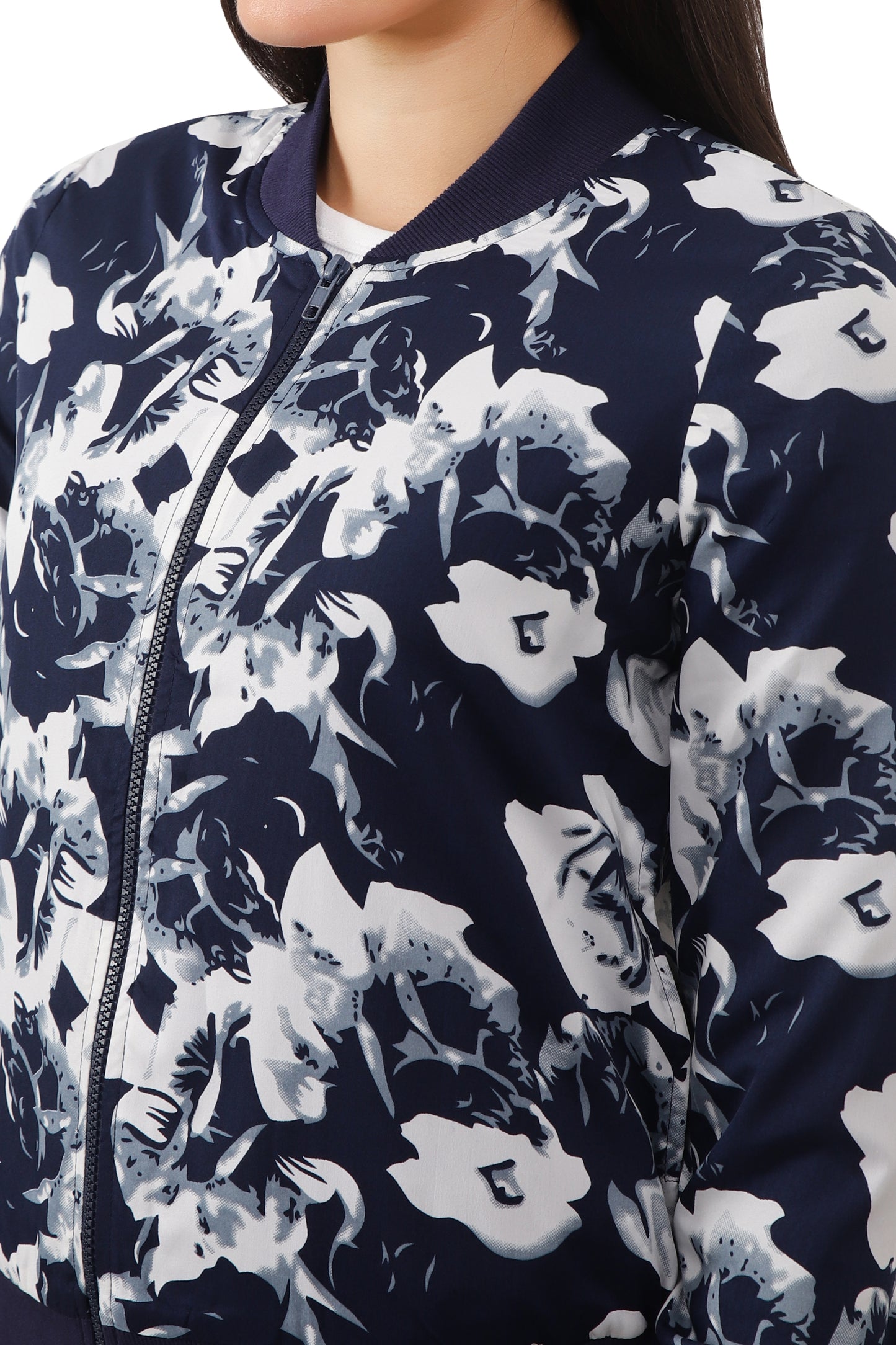 NUEVOSDAMAS Women Printed Full Sleeve Bomber Jacket | Latest Stylish Floral Printed Women Jacket | Light Weight Crepe Jacket for Women_ Navy White