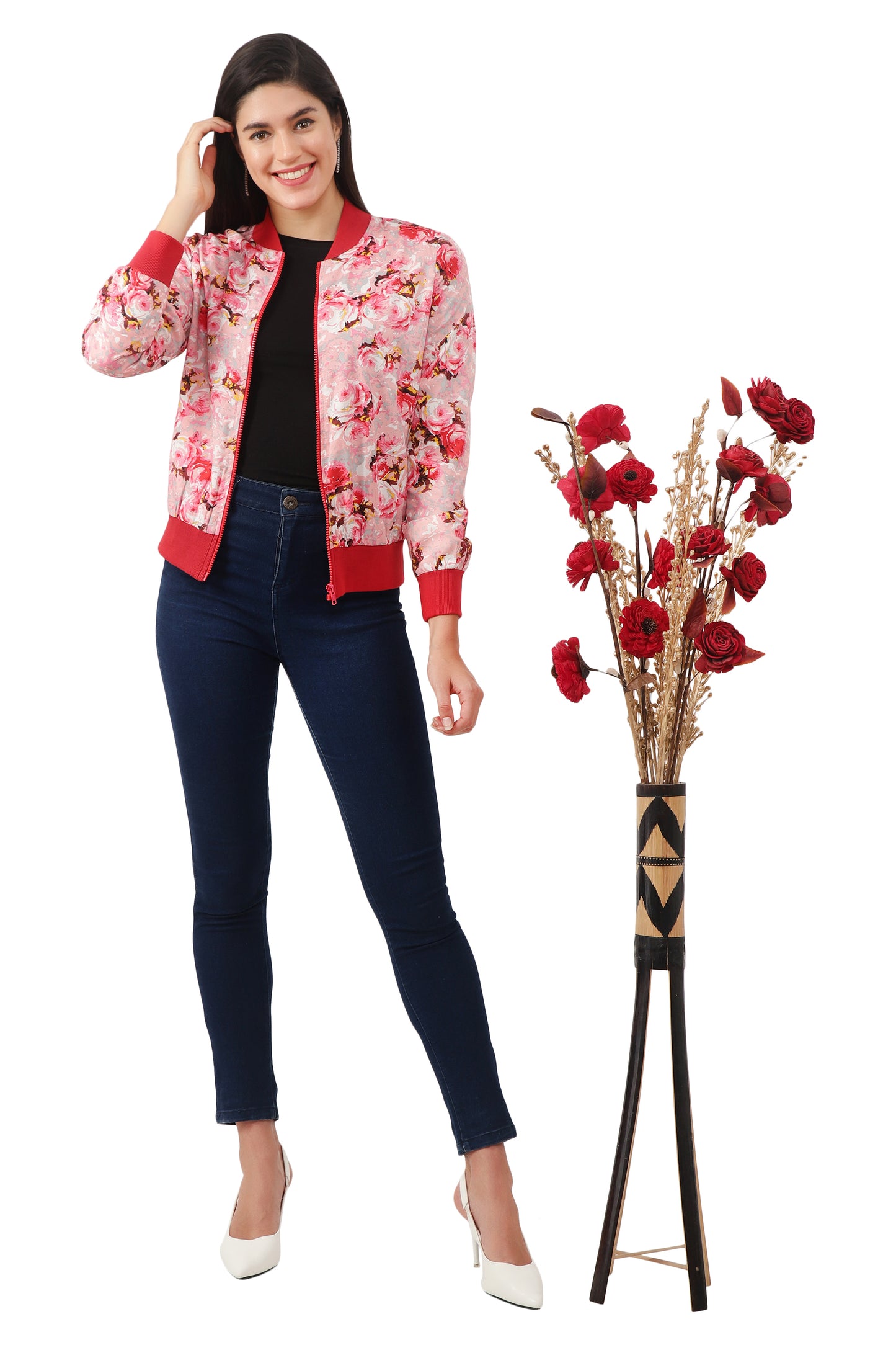 NUEVOSDAMAS Women Printed Full Sleeve Bomber jacket | Latest Stylish Floral Printed Women Jacket | Light Weight Crepe Jacket for women_ Red Multi