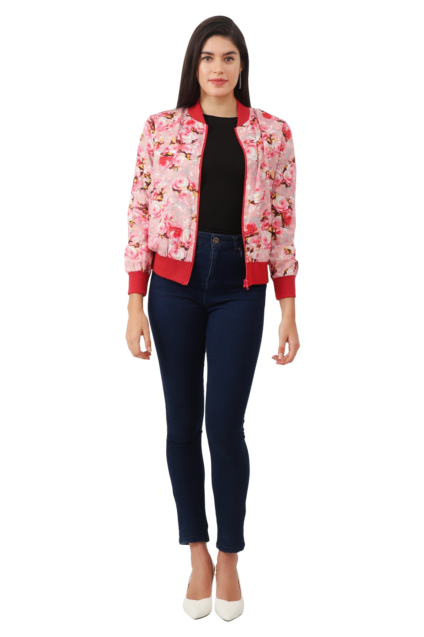 NUEVOSDAMAS Women Printed Full Sleeve Bomber jacket | Latest Stylish Floral Printed Women Jacket | Light Weight Crepe Jacket for women_ Red Multi