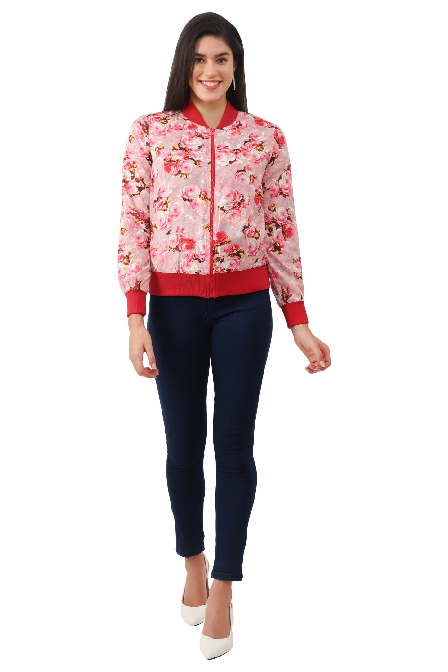 NUEVOSDAMAS Women Printed Full Sleeve Bomber jacket | Latest Stylish Floral Printed Women Jacket | Light Weight Crepe Jacket for women_ Red Multi