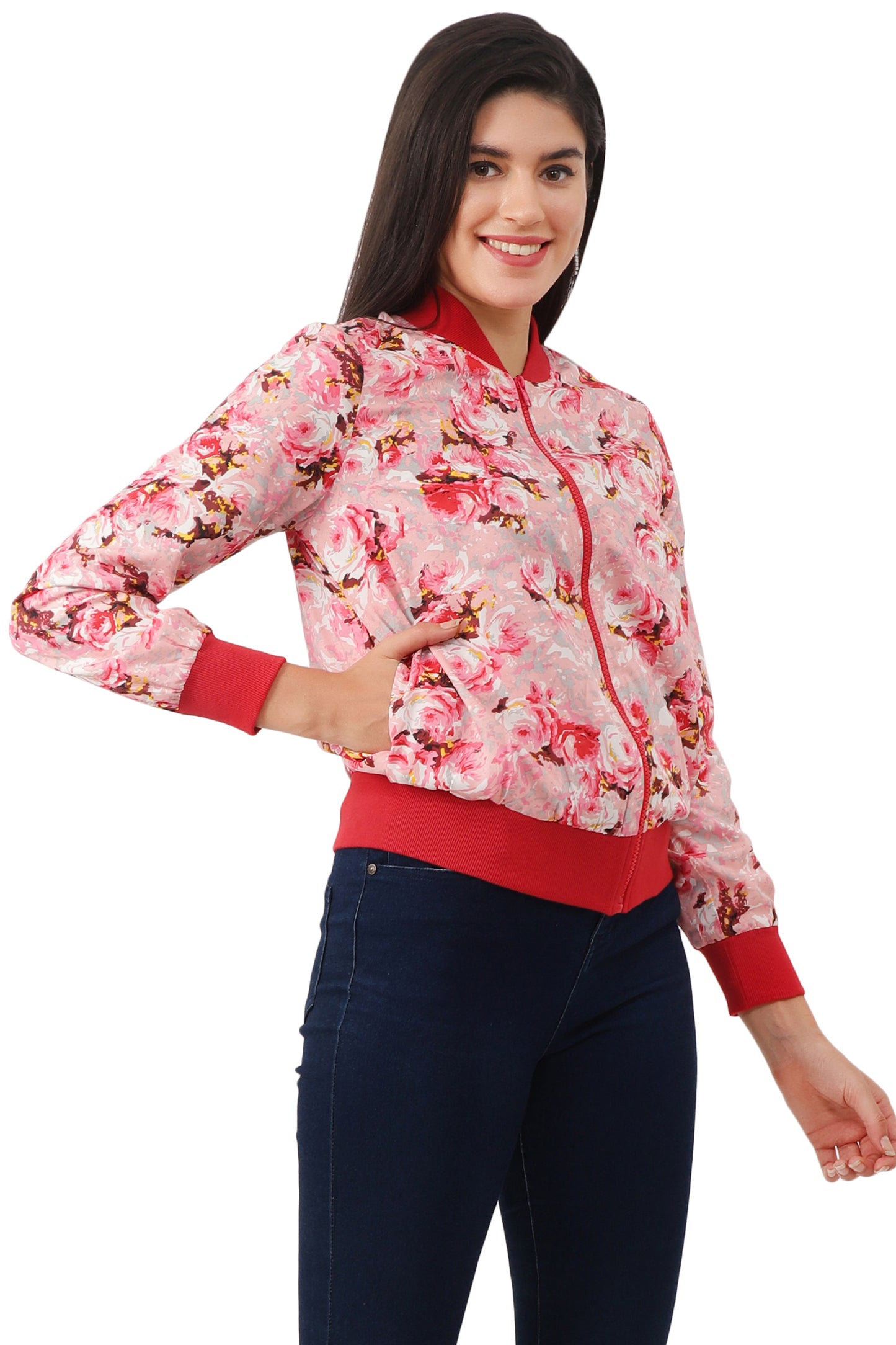 NUEVOSDAMAS Women Printed Full Sleeve Bomber jacket | Latest Stylish Floral Printed Women Jacket | Light Weight Crepe Jacket for women_ Red Multi