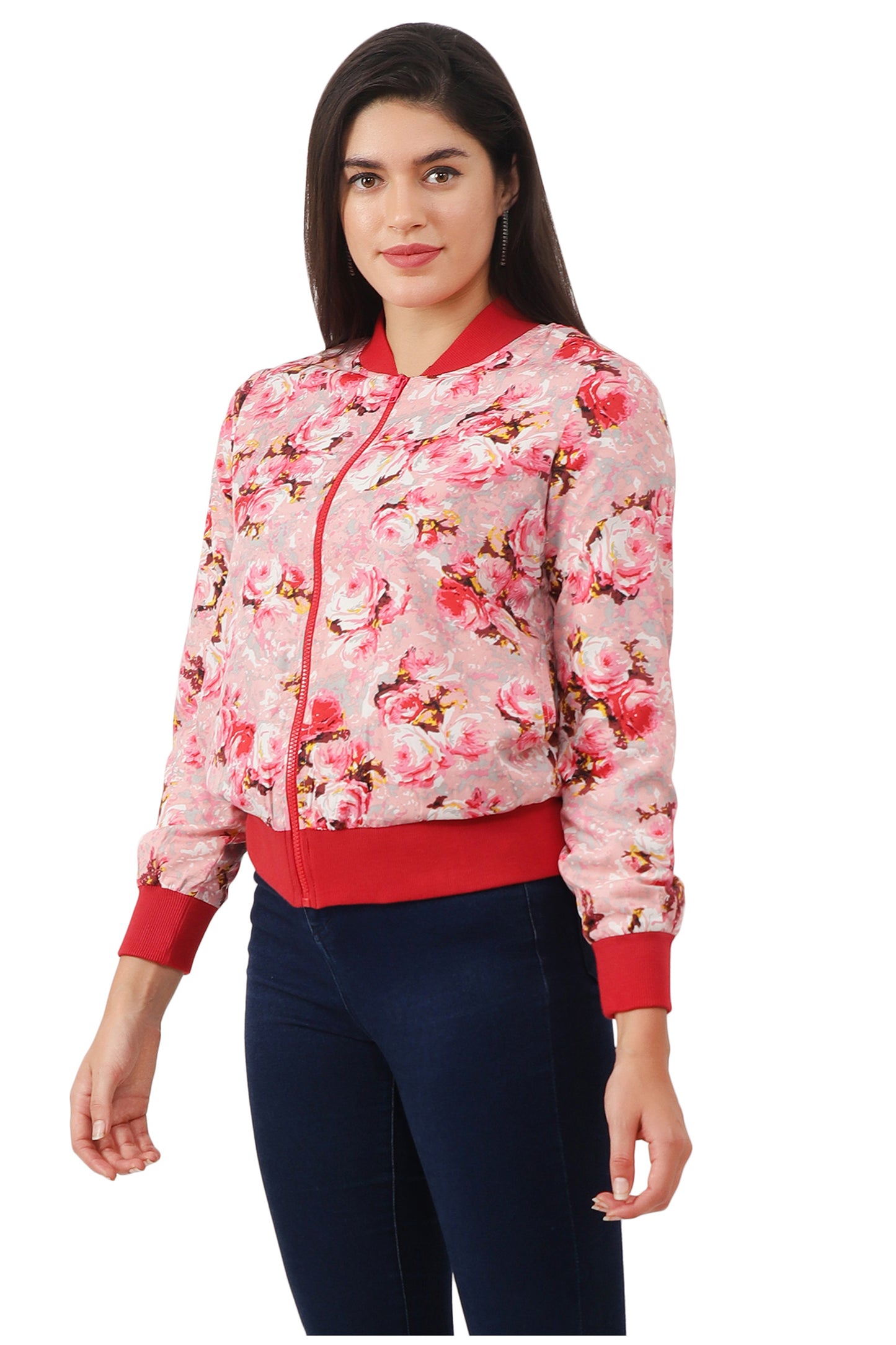 NUEVOSDAMAS Women Printed Full Sleeve Bomber jacket | Latest Stylish Floral Printed Women Jacket | Light Weight Crepe Jacket for women_ Red Multi