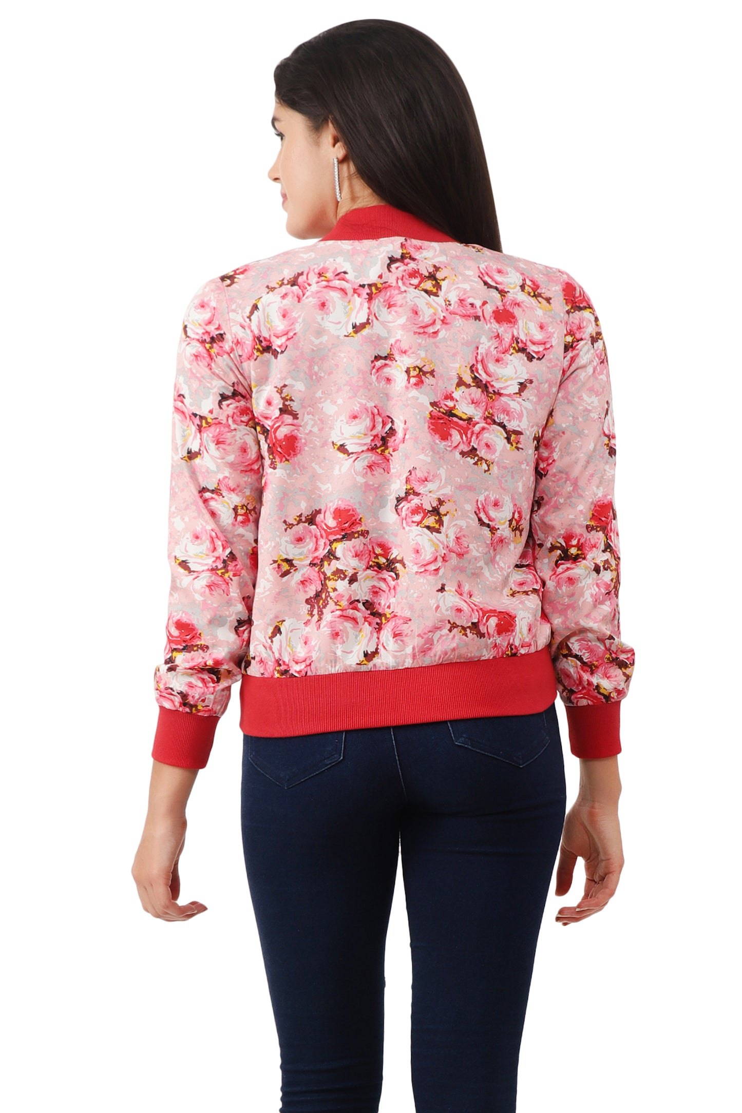 NUEVOSDAMAS Women Printed Full Sleeve Bomber jacket | Latest Stylish Floral Printed Women Jacket | Light Weight Crepe Jacket for women_ Red Multi