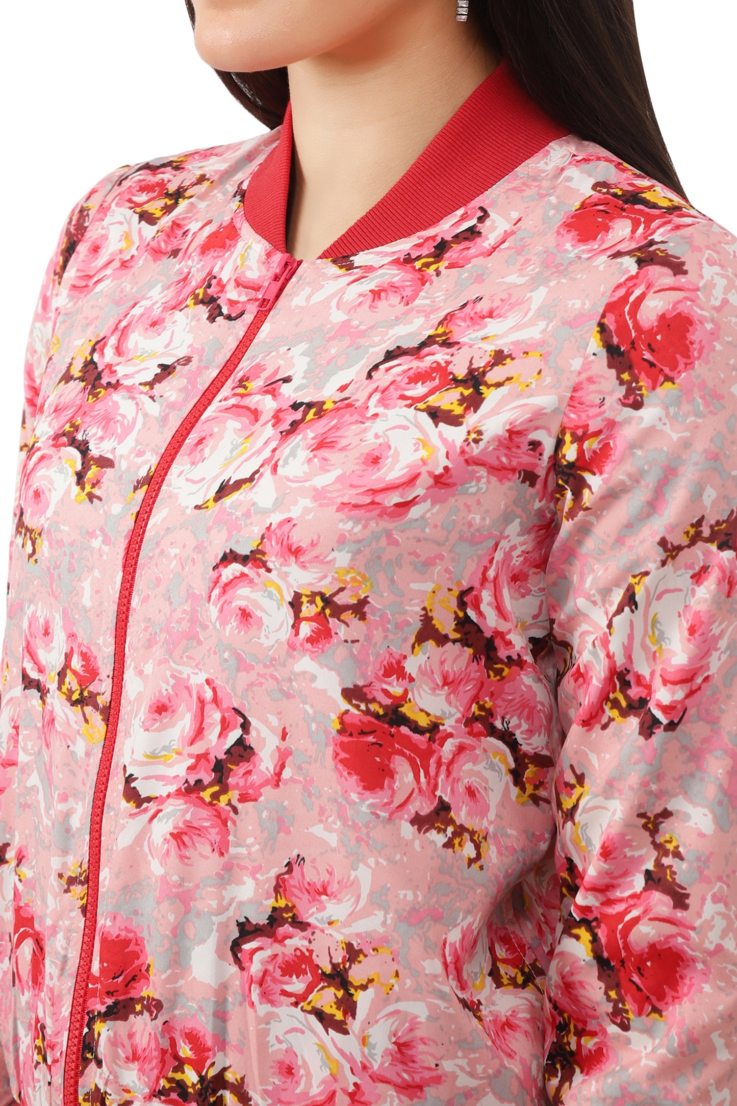 NUEVOSDAMAS Women Printed Full Sleeve Bomber jacket | Latest Stylish Floral Printed Women Jacket | Light Weight Crepe Jacket for women_ Red Multi