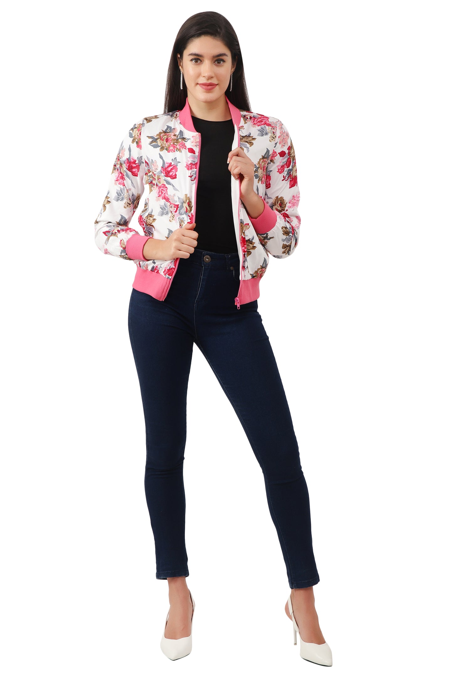 NUEVOSDAMAS Women Printed Full Sleeve Bomber jacket | Latest Stylish Floral Printed Women Jacket | Light Weight Crepe Jacket for women_ Pink/White