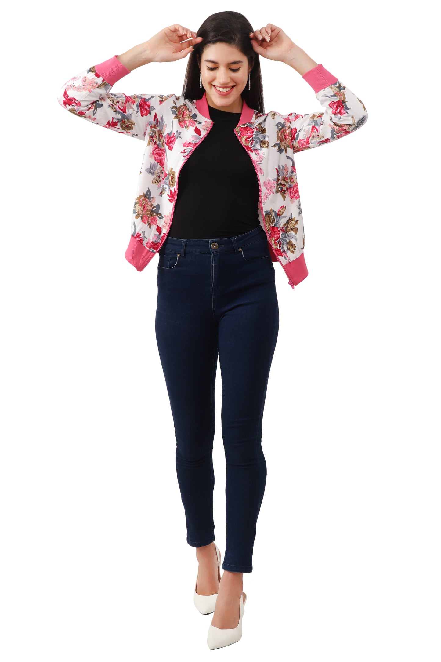 NUEVOSDAMAS Women Printed Full Sleeve Bomber jacket | Latest Stylish Floral Printed Women Jacket | Light Weight Crepe Jacket for women_ Pink/White