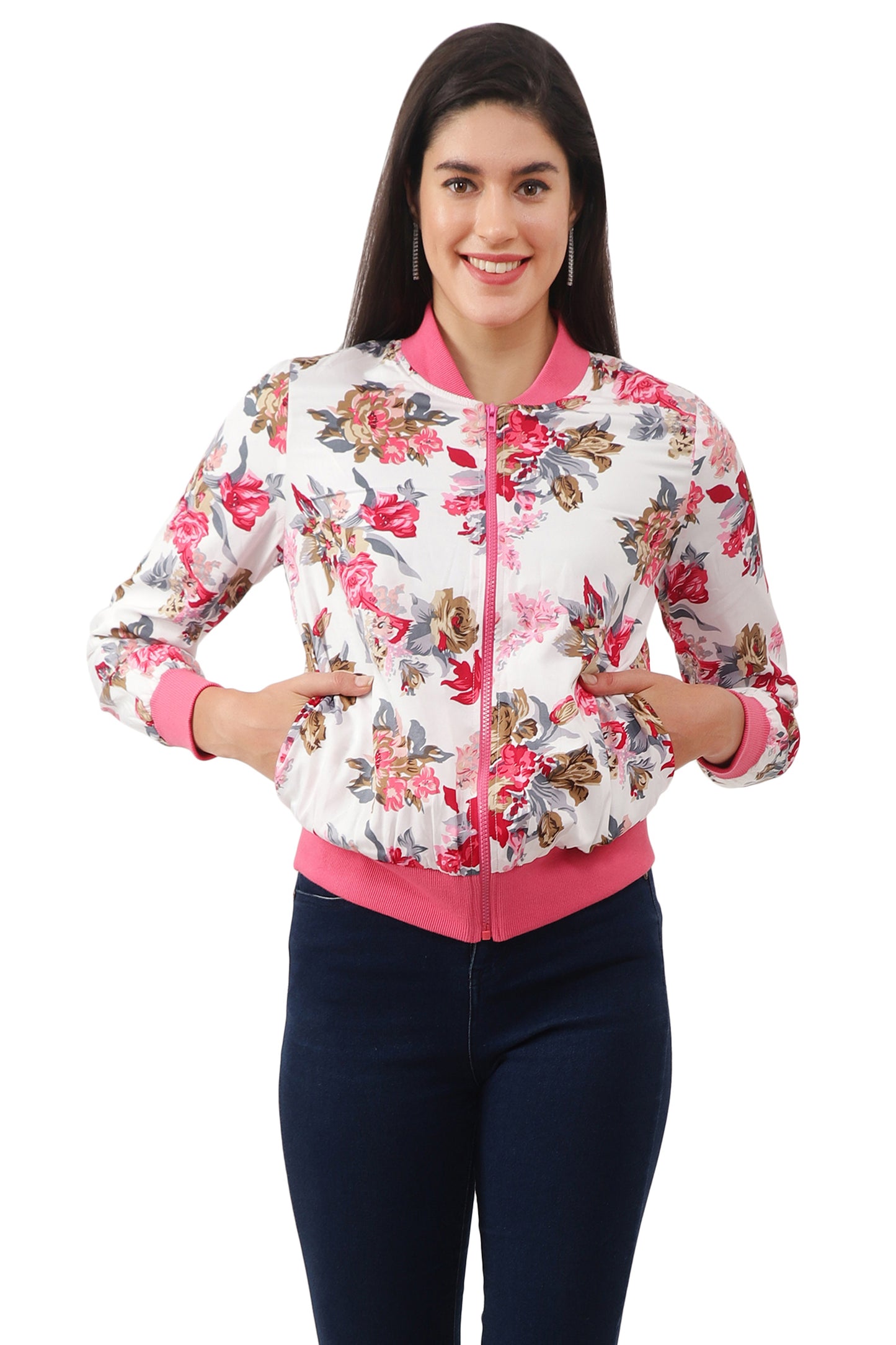 NUEVOSDAMAS Women Printed Full Sleeve Bomber jacket | Latest Stylish Floral Printed Women Jacket | Light Weight Crepe Jacket for women_ Pink/White