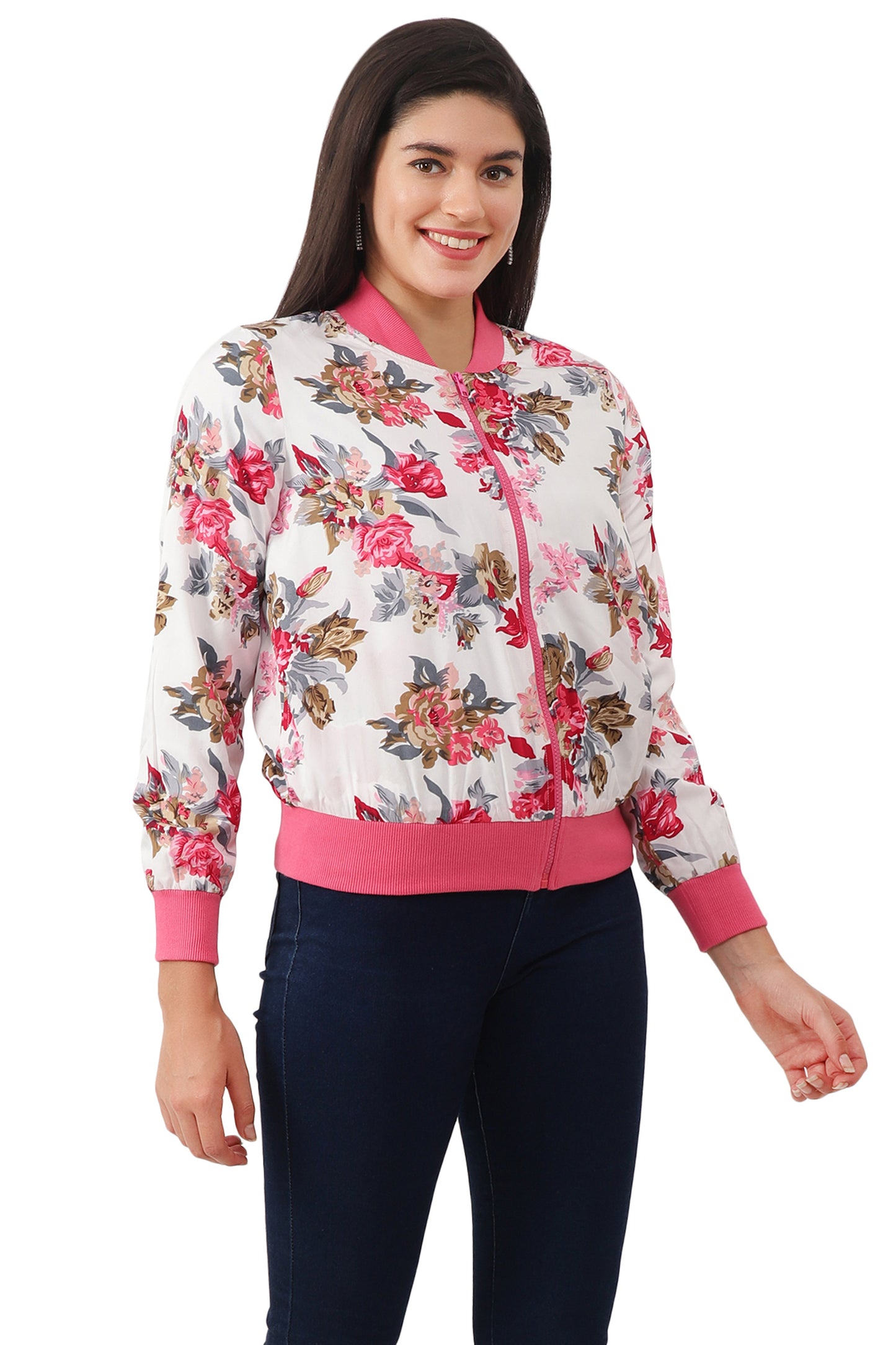 NUEVOSDAMAS Women Printed Full Sleeve Bomber jacket | Latest Stylish Floral Printed Women Jacket | Light Weight Crepe Jacket for women_ Pink/White